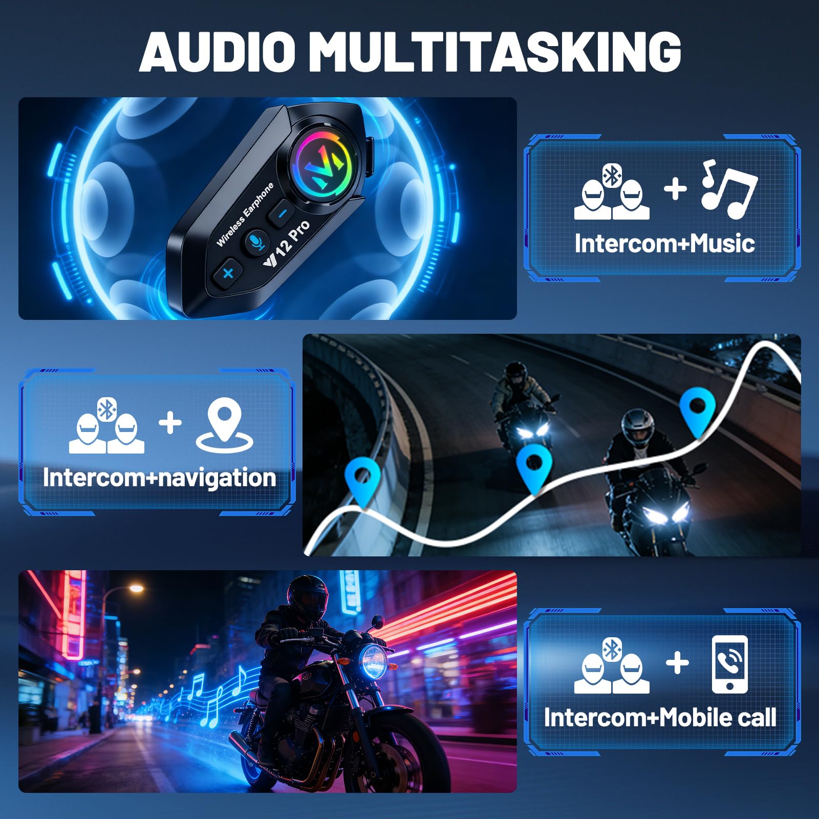 Intercom Moto Duo pour 2 Casques, Bluetooth 5.4, avec Partage de Musique, 500M Système de Communication Entre 2 Motards, IP56 Étanche Compatible Tous Les Casques, 2 Pièces