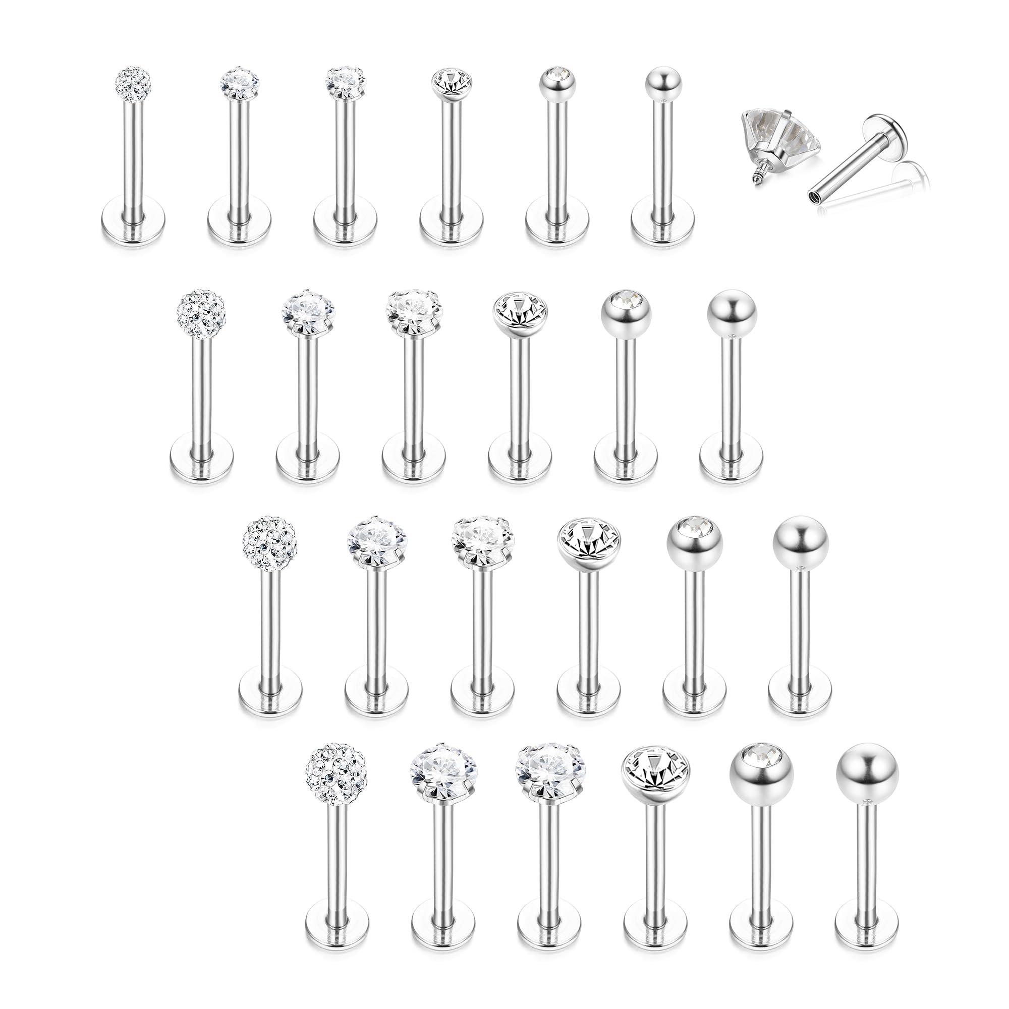 LOLIAS24 Piezas Piercing Oreja Acero Quirurgico Labret Piercing Nariz Piercing 16G Tragus Piercing Estrella Corazón CZ Cartílago Pendiente Tragus Labio Helix Piercing Joyas 6MM 8MM