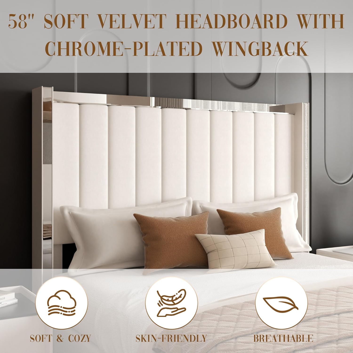 58" Tall Full Size Platform Bed Frame with Velvet Wingback Headboard & Channel Tufting Design, Silver Metal Trim and Chrome-Plated Legs, No Box Spring Needed, Easy Assembly, Noise Free, Beige