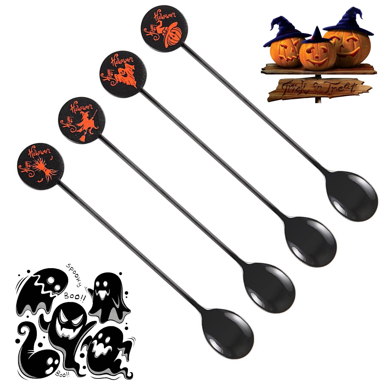 Angoily Set 4 Cucchiaini Da Caffè In Acciaio Inox A Tema Halloween - Motivi Decorativi, Perfetti Per Dessert E Bevande - 3
