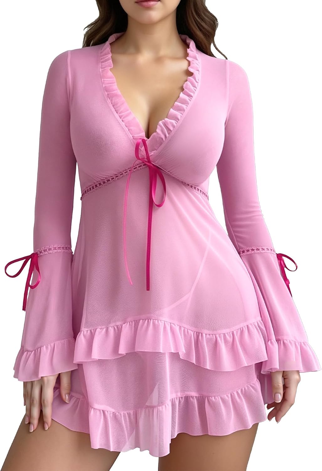 FEOYA Women's 2 Piece Long Sleeve Mesh Sheer Ruffle Dress Nightgowns with Thongs Lingerie Set