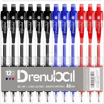 PENS bulk pack of 12 ink Pens, Retractable ballpoint pens Medium point 0.5 mm, 6 black pens & 3 Blue 3 Red &combo pack, Red+Blue+Black
