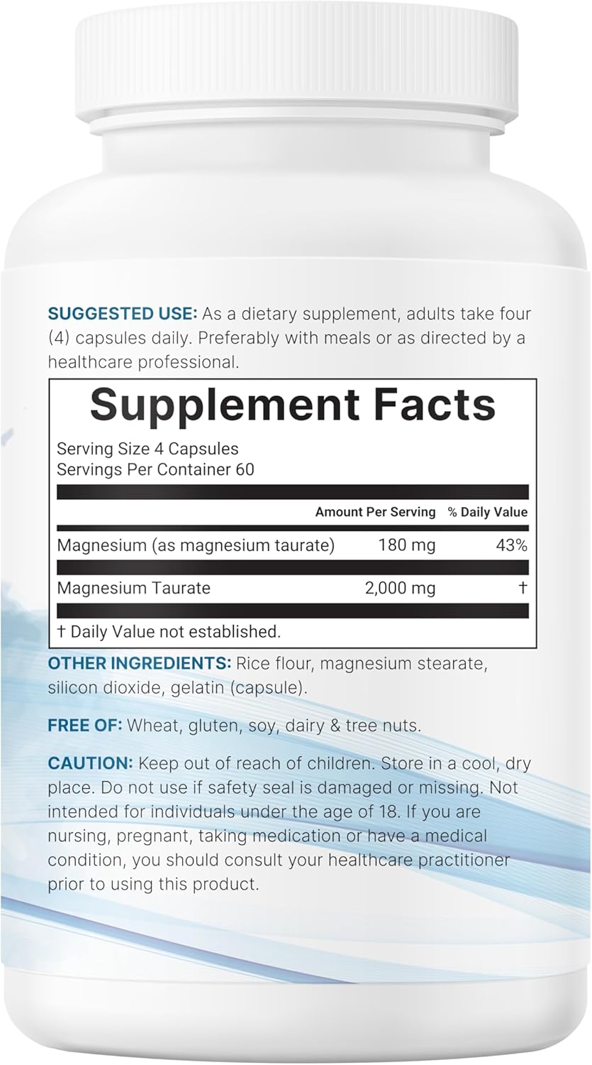 Magnesium Taurate 2,000mg, 240 Capsules | Highly Bioavailable Chelated Magnesium Supplement | Mineral Supplements for Men & Women | Non-GMO, Gluten Free - Image 6
