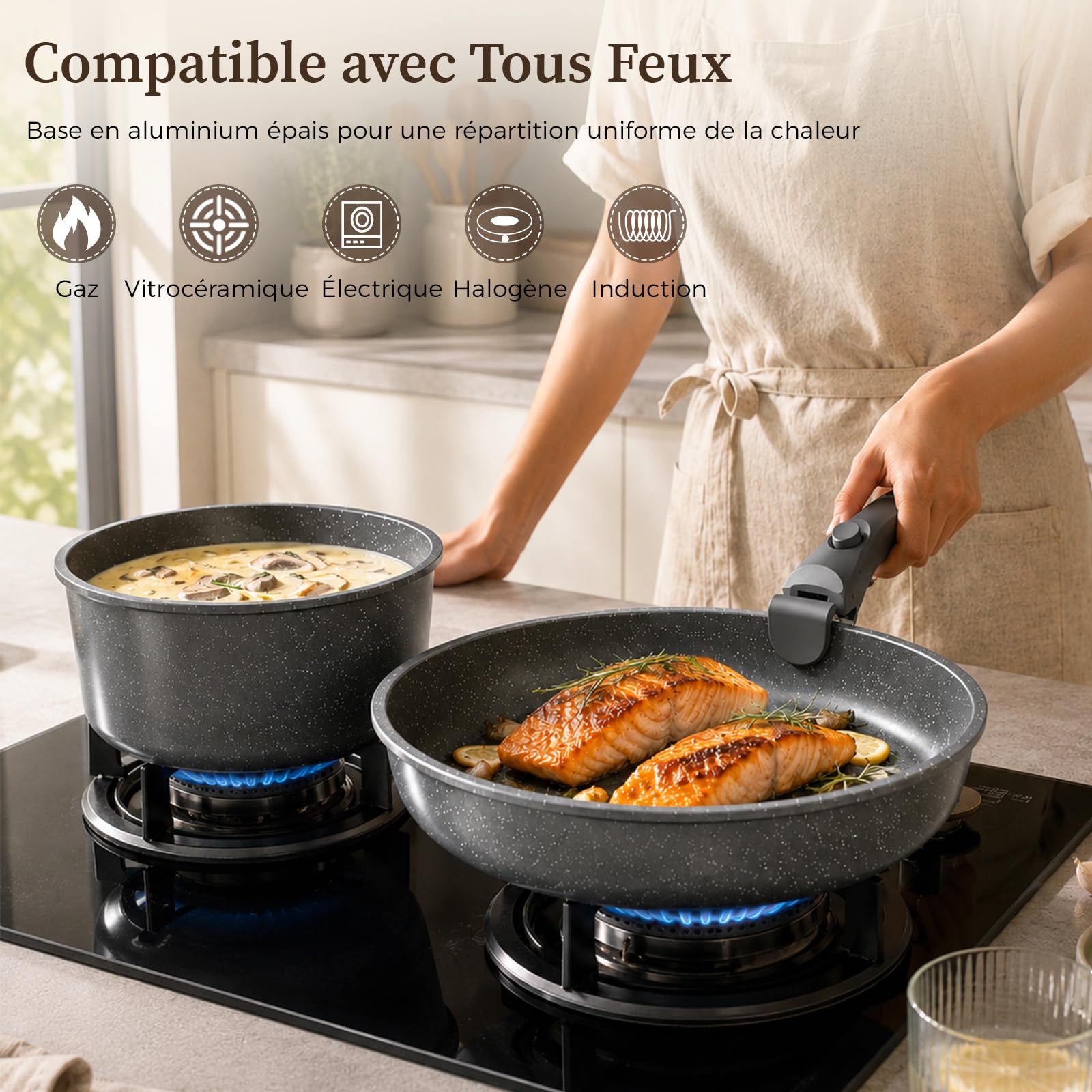 YASHE Batterie de cuisine 15 pièces, non toxique, sans PTFE ni PFAS | Ustensiles de Cuisine avec Poignée Amovible, Poêles et Casseroles Antiadhésives en Granite, Design Empilable Gain de Place