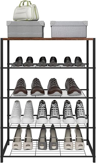 eSituro Shoe Rack 4 Tier Shoe Bench with Seat Storage Standing Wooden Shoes Cabinet for Home Hallway Black Metal