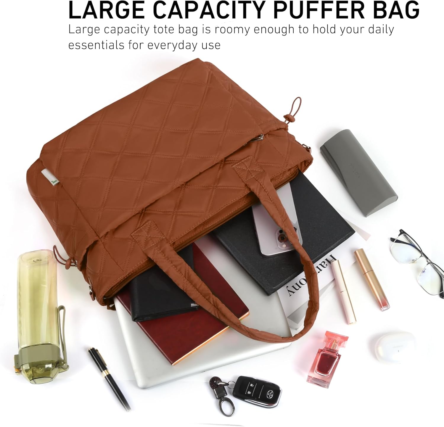 Rueesh Lightweight Puffer Tote Bag with Zipper for Women, Quilted Shoulder Bag with Compartments for Travel, Work, Shopping