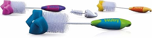 Nuby, Biberón y cepillo para pezones con punta de esponja y base de gancho, los colores pueden variar