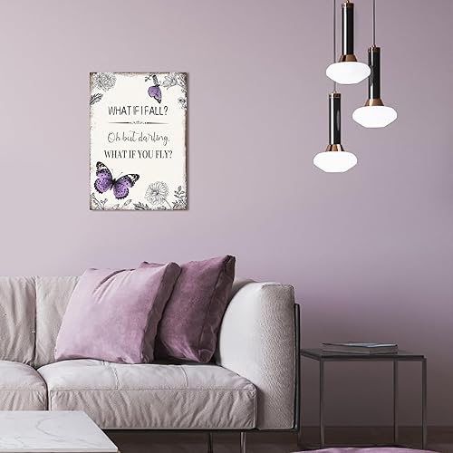 Miniatura 4 de YPY Lienzo con cita inspiradora para la pared póster enmarcado motivacional con diseño de mariposa morada, letrero con texto en inglés "What if I