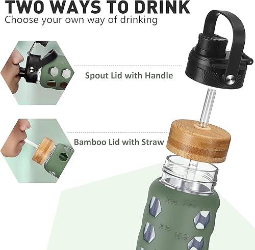 Miniatura 2 de MUKOKO Botellas de agua de vidrio, vaso de vidrio de 24 onzas con popote, botellas para beber con 2 tapas con tapa de boquilla con asa y tapa de