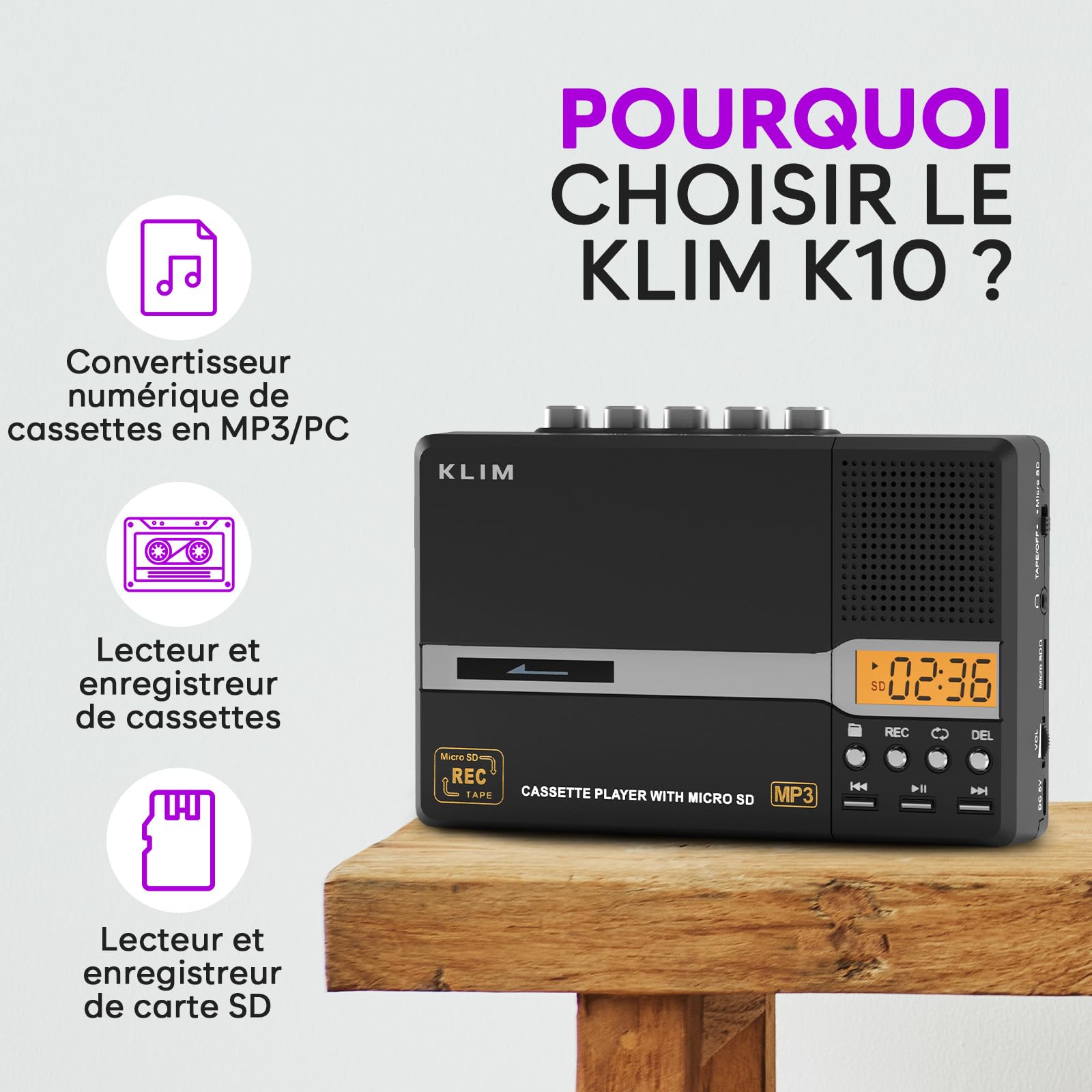 KLIM K10 Lecteur Cassette Audio & Enregistreur, Baladeur Cassette & Convertisseur en MP3 + Micro & Haut-Parleur Intégrés + Transfert USB PC + Piles/USB + Carte SD 8 Go + Écouteurs - Noir