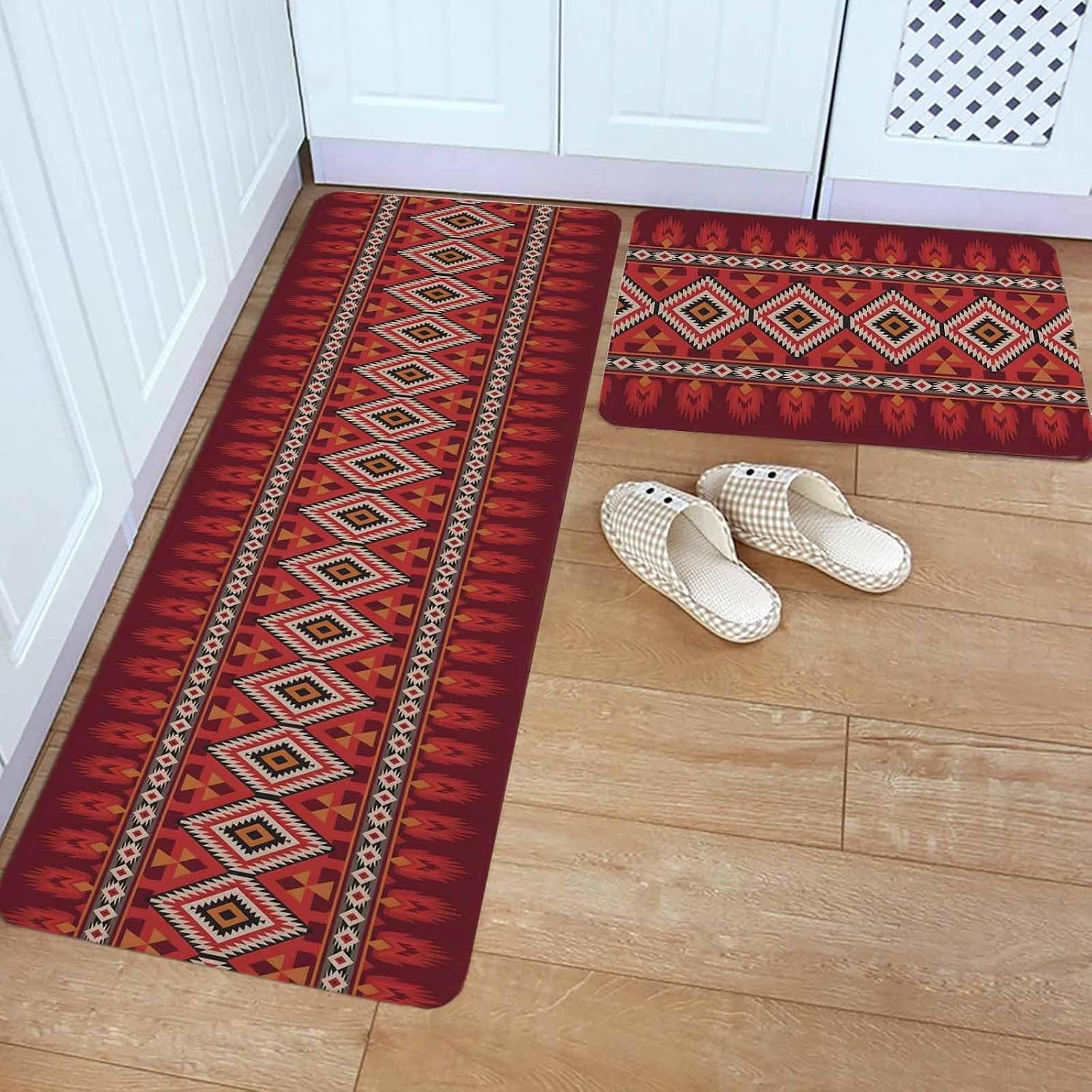 Red Retro Boho Kitchen Rugs and Mats Set of 2, Non-Slip Kitchen Sink Mat, Vintage Ethnic Tribe Abstract Art Washable Doormat Bathroom Rugs Runner for Bedroom/Living Room 19.7"x31.5"+19.7"x63"