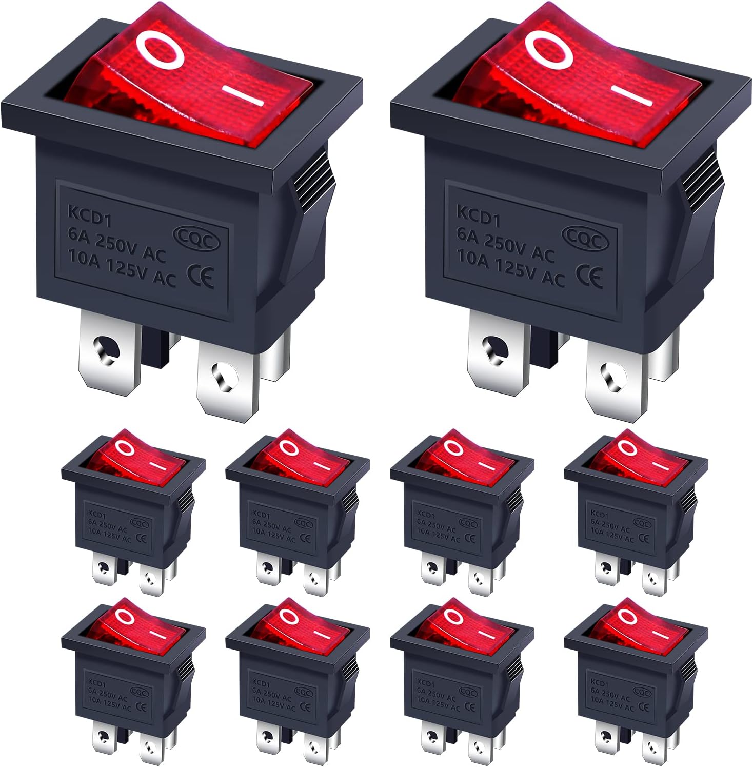 Taiss/10Pcs Rocker Toggle Switch Red Light Illuminated ON/OFF DPST 4 Pin 2 Position KCD1 Snap AC 250V/6A 125V/10A KCD1-104N-R