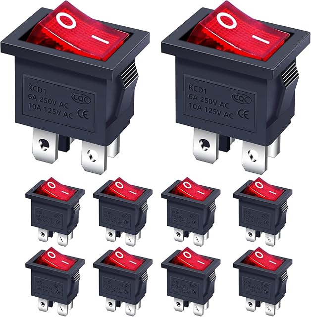 Taiss/10Pcs Rocker Toggle Switch Red Light Illuminated ON/OFF DPST 4 Pin 2 Position KCD1 Snap AC 250V/10A 125V/12A KCD1-104N-R