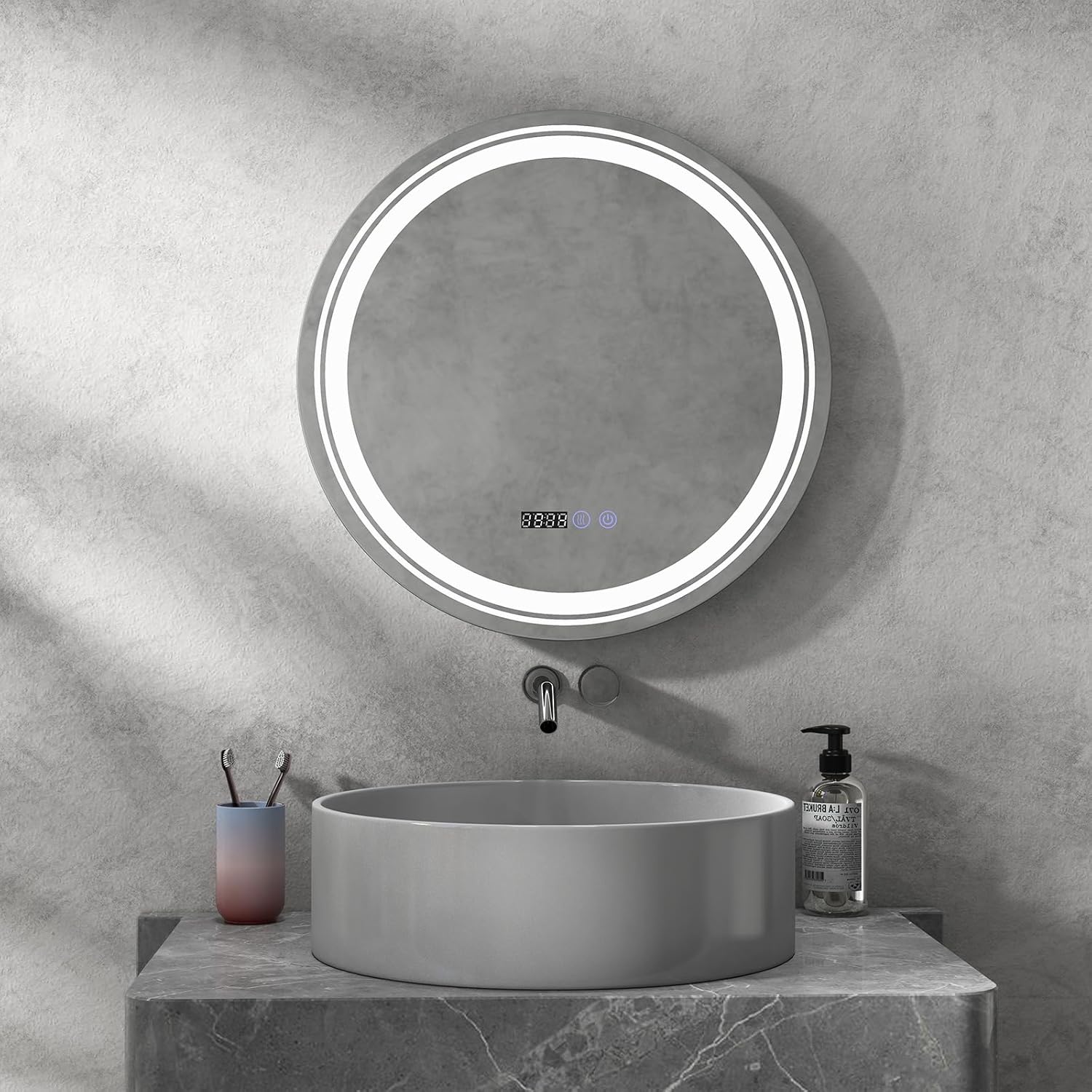 Tangkula Round Led Bathroom Mirror, Anti-Fog Circle Vanity Mirror with 3 Color LED Lights, Time & Temperature Display, Memory Function, Wall-Mounted Waterproof Bathroom Mirror (28 Inch)