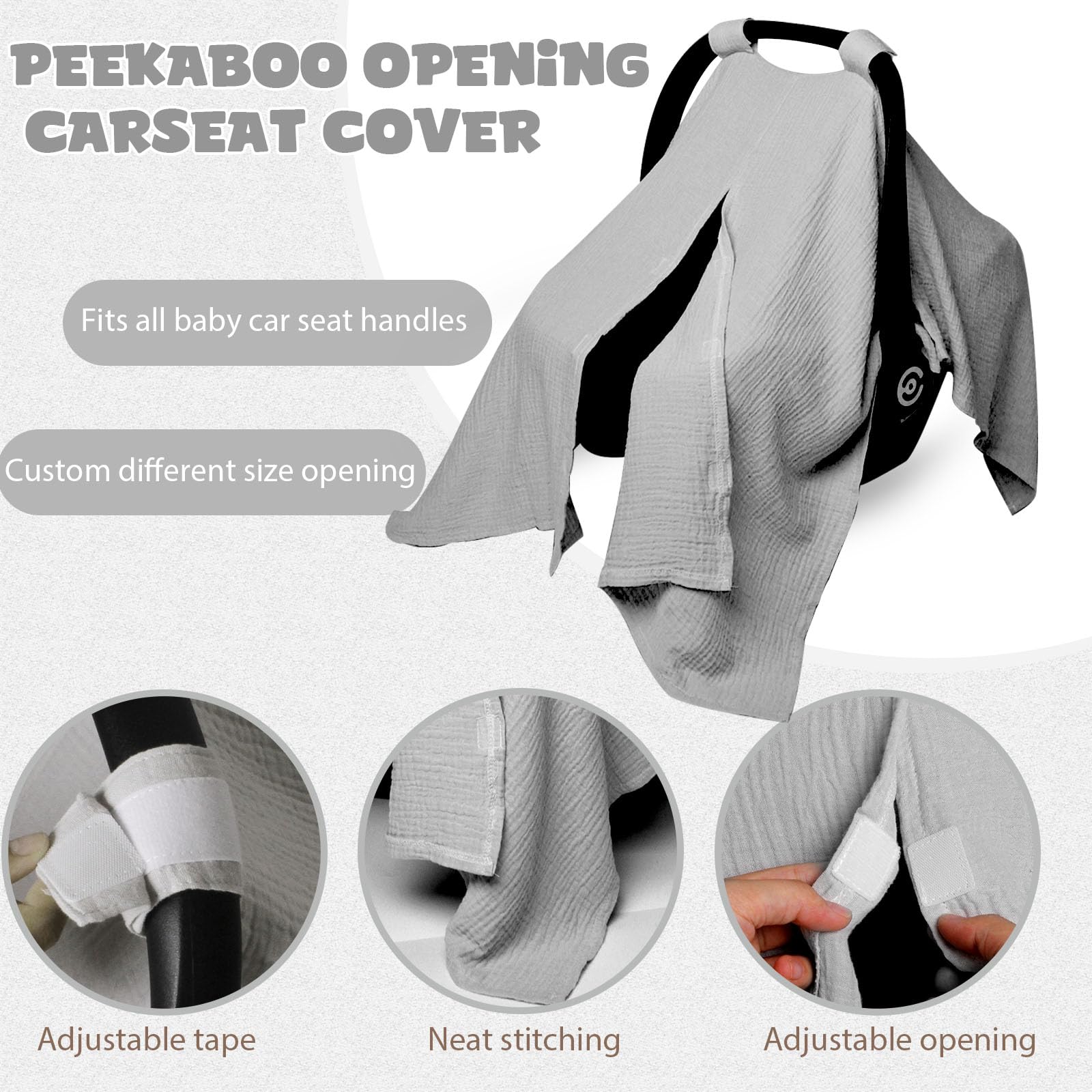 Funda de muselina para asiento de coche para bebés, niños y niñas, color gris claro | Toldo suave y transpirable para asiento de coche, multiuso, funda para portabebés y cubierta de lactancia materna