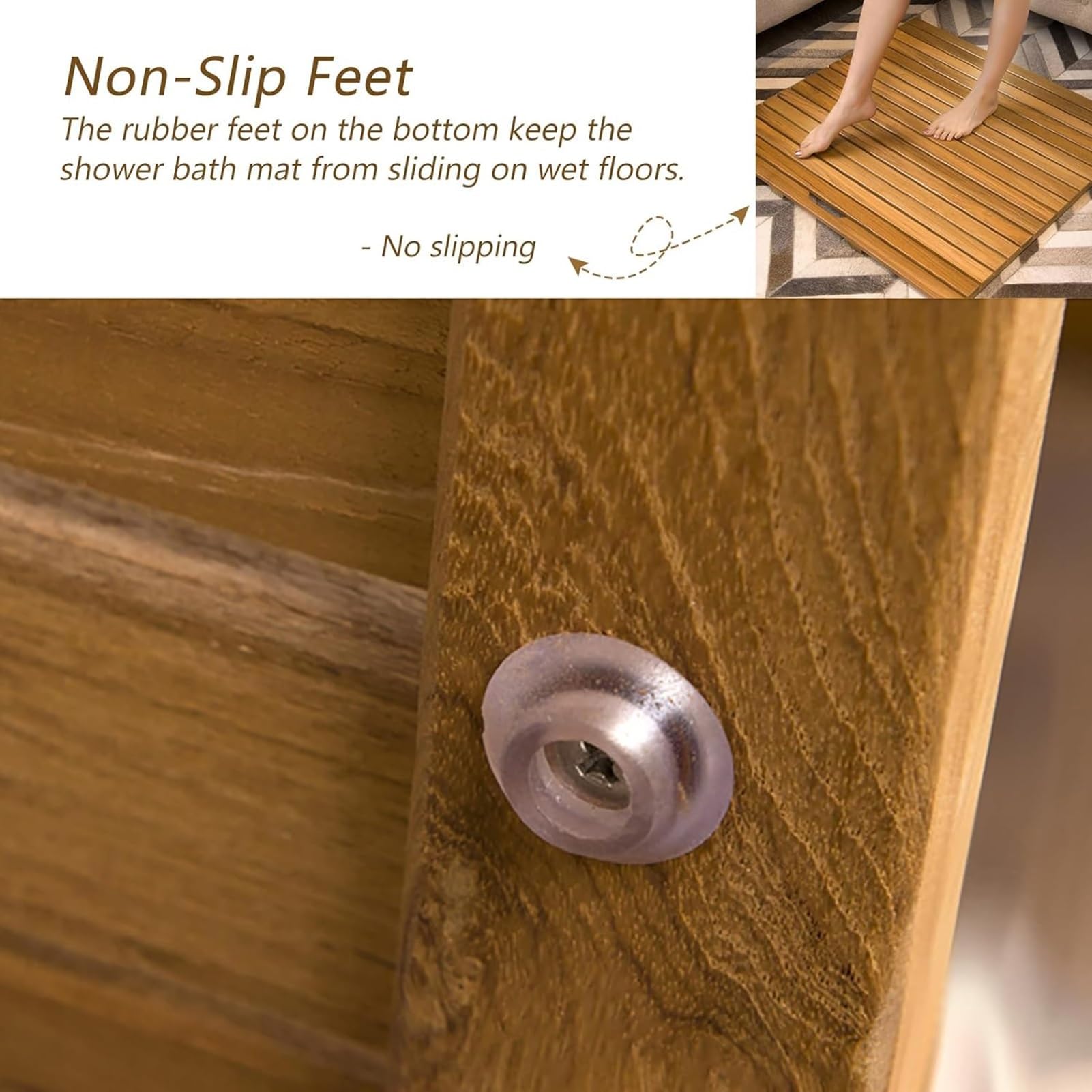 Tappetino da Doccia Antiscivolo in Legno di Teak 21x38 - Elegante e Resistente Tappetino per Il Pavimento del Bagno con Foro di drenaggio Centrale, Ideale per Ambienti um