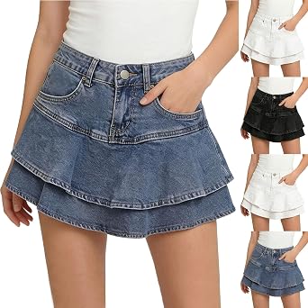 Girls Denim Skirt High Waisted Tiered Ruffle Mini Skirts Casual Stretchy Jean Skort with Front Pockets 2-15 Years