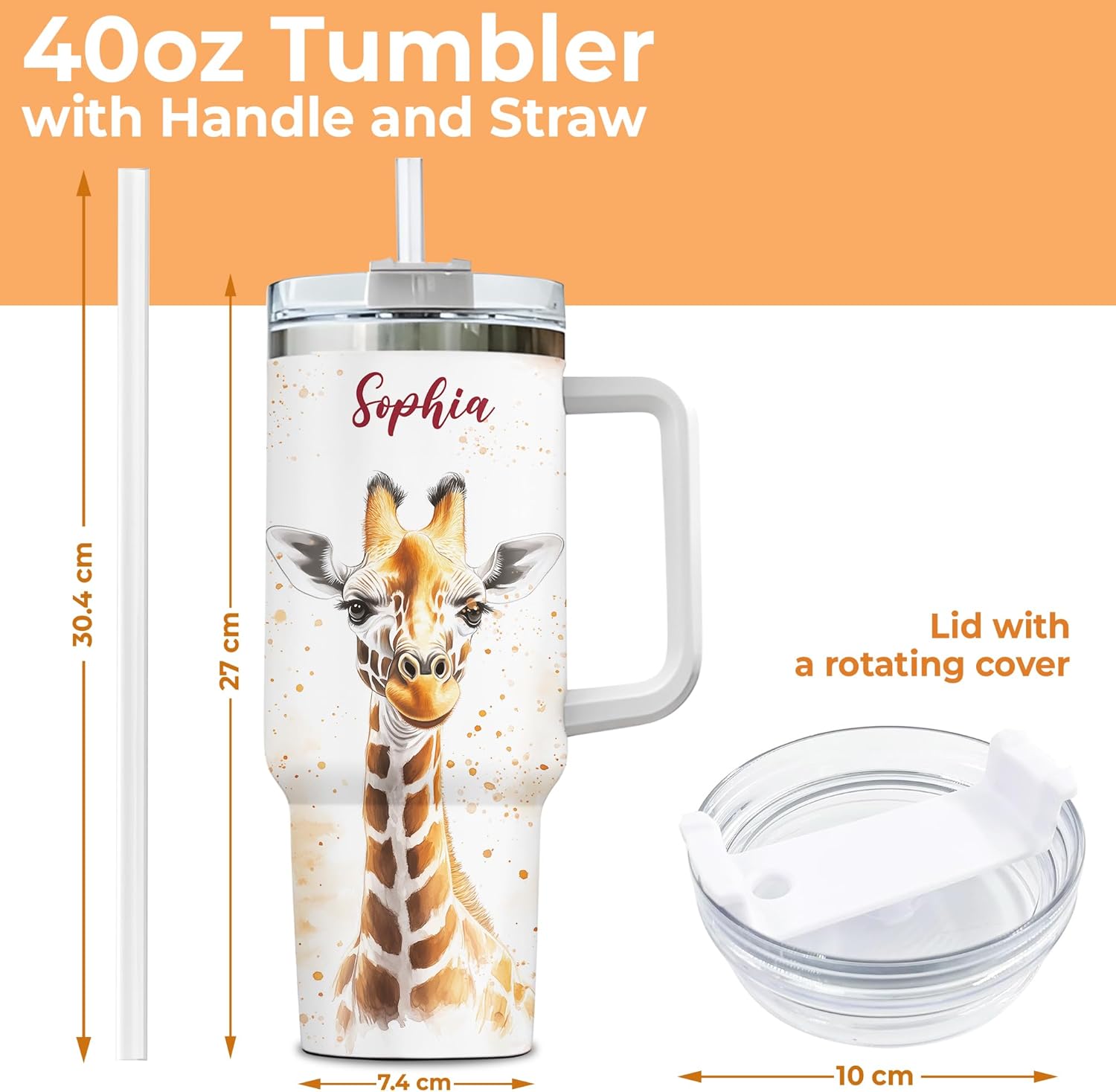 Hyturtle Personalized Giraffe 40oz Tumbler with Handle & Straw Gifts for Giraffe Lovers, Mother's Day Birthday Gifts for Women, Cute Animal Gift, Custom Name Stainless Steel Travel Cup With Lid - Image 4