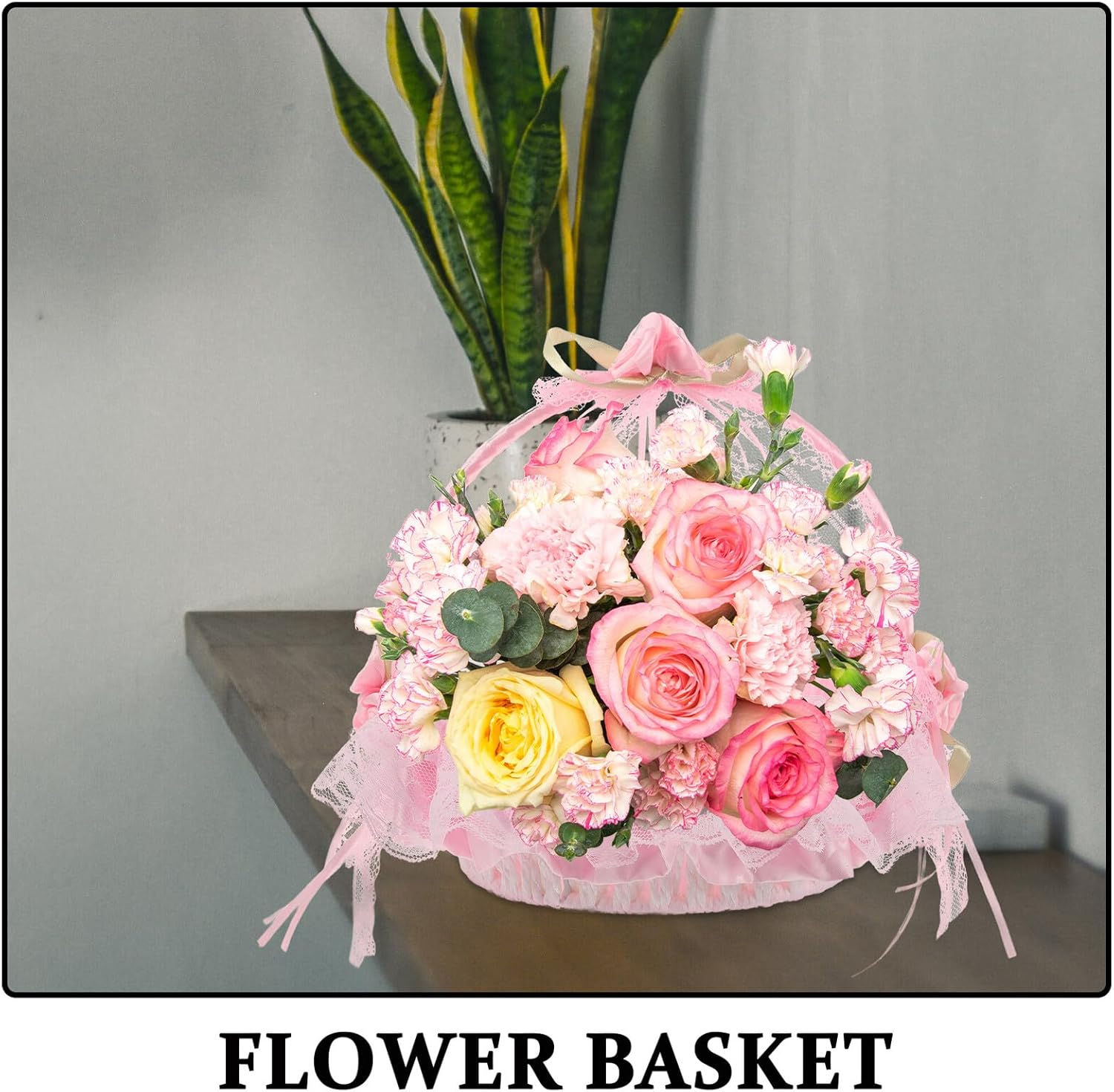 Flower Girl Basket Woven Wedding Basket with Lace Bowknot for Wedding Ceremony and Party Supplies
