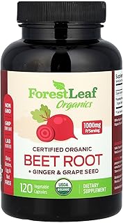 ForestLeaf Organic Beet Root Capsules - Beetroot Supplement 16000mg Strength 20:1 Extract Pills w/Ginger Grape Seed | Support Blood Pressure, Nitric Oxide, Flow, Circulation | Beets Powder - 120 Caps