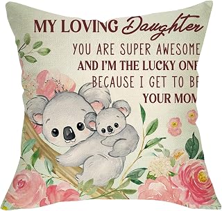 Gifts for Daughter from Mom Decorative Throw Pillow Cover 18 x 18 | Funny Koala Birthday for Girls Baby Kids, Peony Flower Nursery Sofa Couch Cushion Case Home Decor