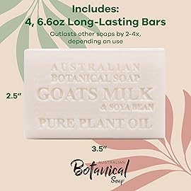 Australian Botanical Goats Milk Soap with Soya Bean 6.6 OZ Luxury Soap Bars Enriched Shea Butter, Luxury Face, Hand and Body Bars Suitable for All Skin Types, Pack of 4