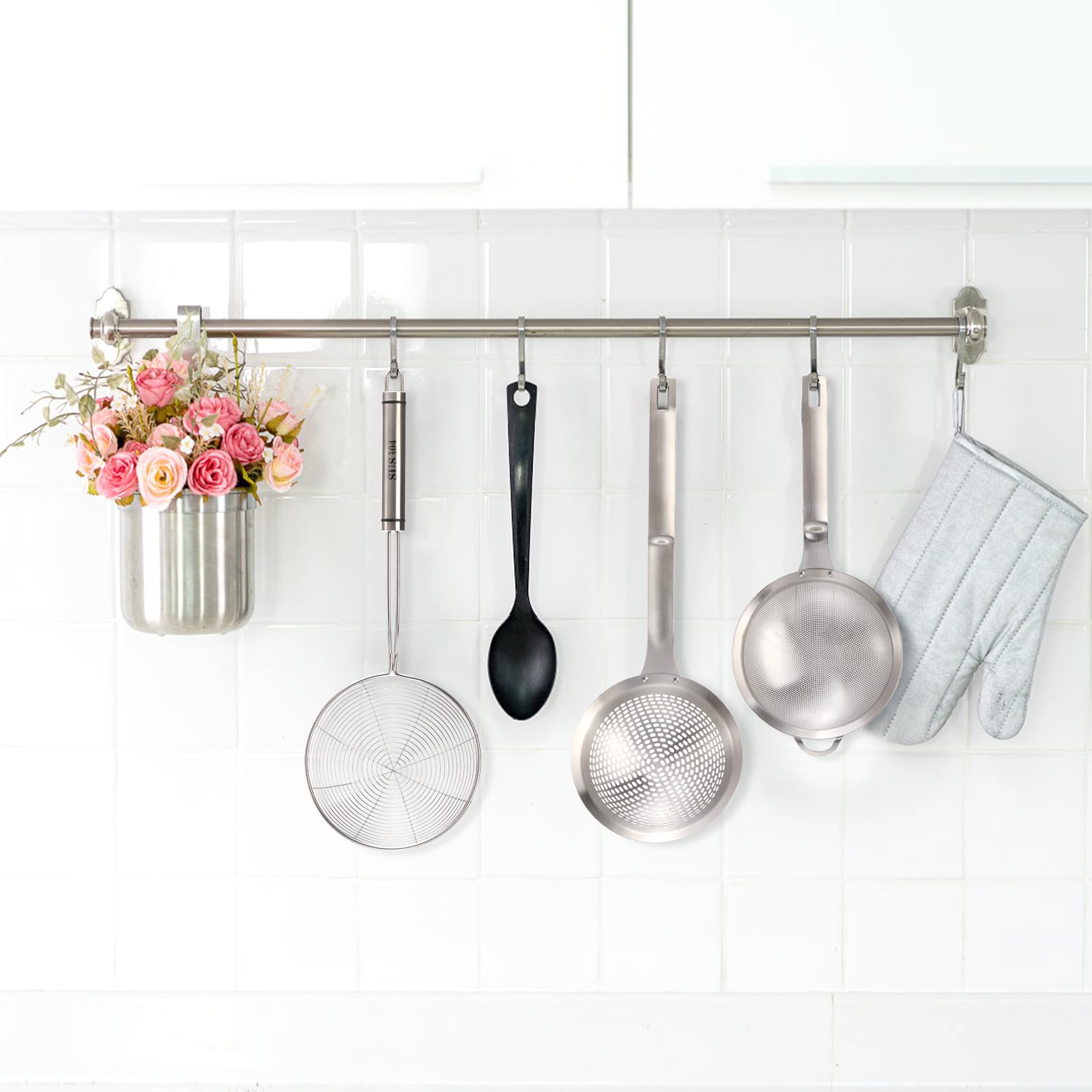 3 Stück Spinne Sieb Skimmer Löffel Set, feinmaschiges Edelstahlsieb Food Strainer, große Löcher Slotted Colander Braten Löffel, Sieb Kelle Draht Skimmer Löffel mit Griff für die Küche