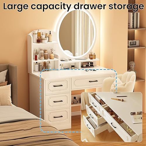 Miniatura 4 de Escritorio de maquillaje con espejo y luces, moderno escritorio de maquillaje para dormitorio, con mucho almacenamiento, 3 modos de iluminación,