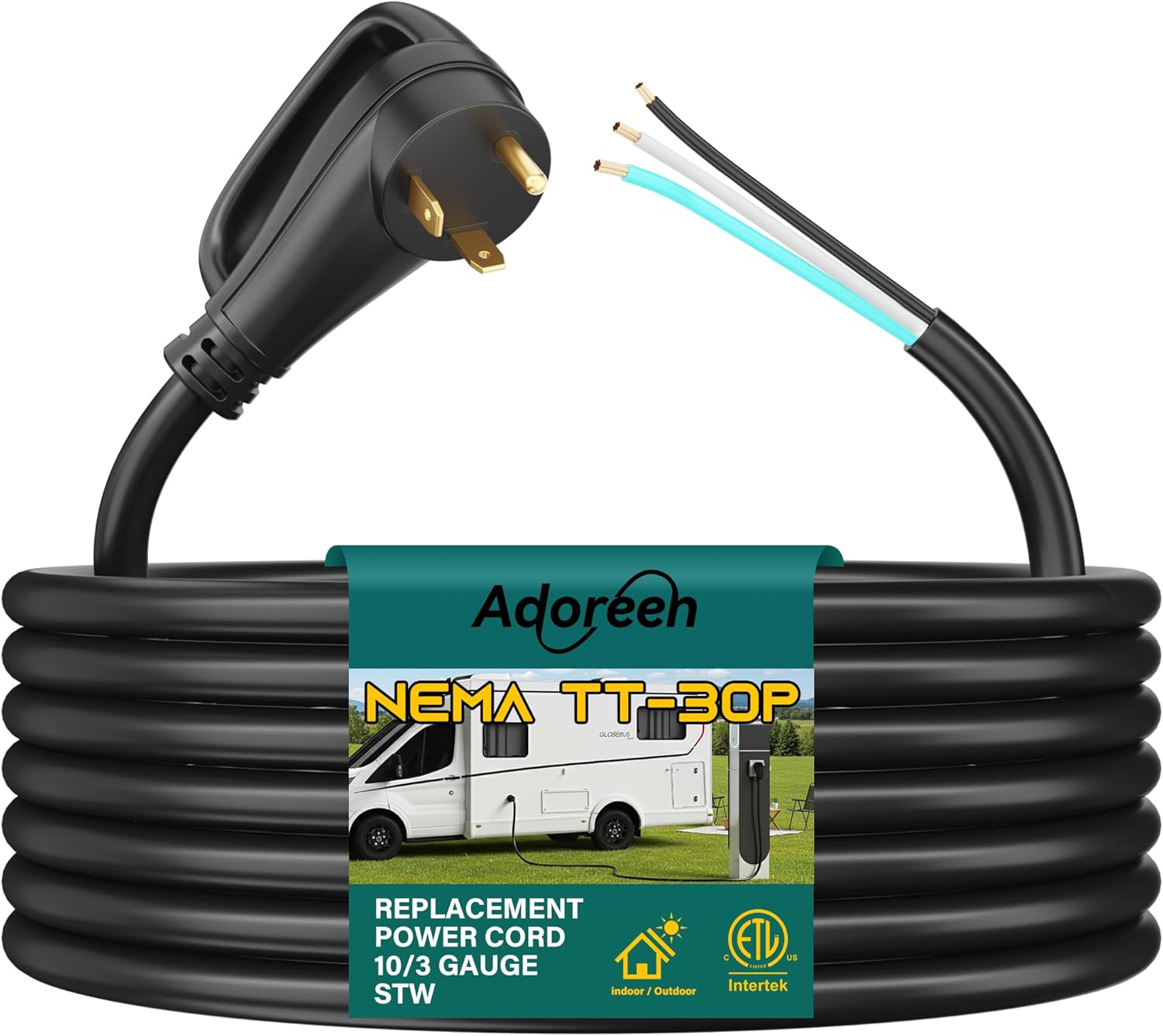 30 Amp RV Replacement Power Cord 15 Ft with Pigtail Open End 0.6 Ft, 10 Gauge NEMA TT-30P to Roj 3 Wire Supply Extension Cable, Heavy Duty STW Outdoor 125V for Camper Trailer Generator Repair DIY-ETL