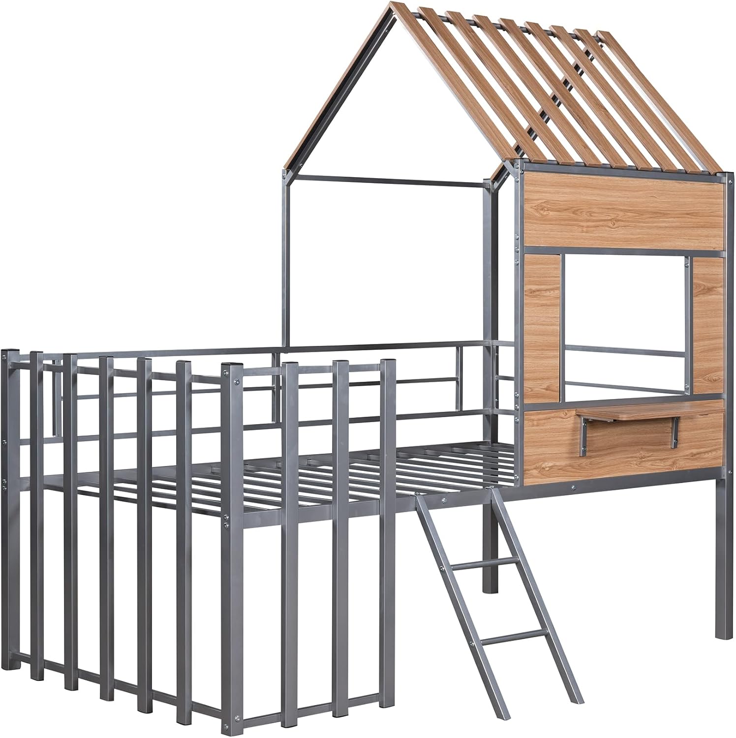 Harper & Bright Designs Low Loft Bed Frame with Roof and Window for Kids Boys Girls, Metal Twin Size House Loft Bed with Guardrail and Ladder, Silver