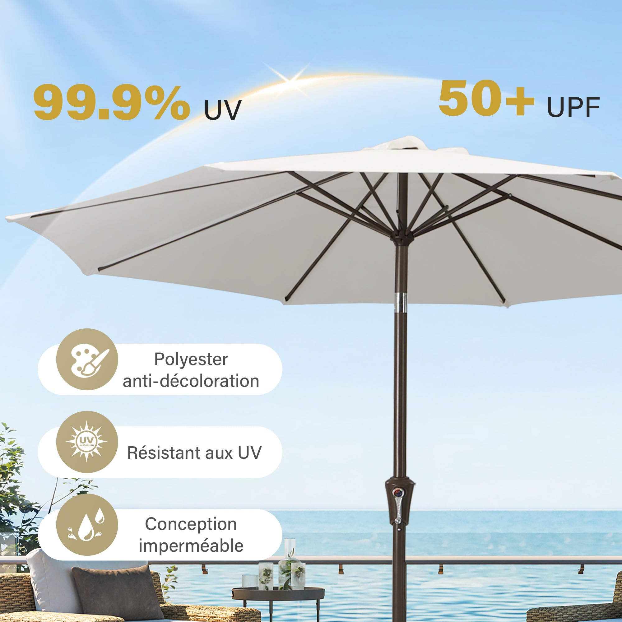 Palawano 2.7M Parasol de Jardin Exterieur Anti UV et Vent, Parasol Terrasse Balcon avec Manivelle pour Café, Jardin, Piscine et Arrière-Cour (Blanc Crème)