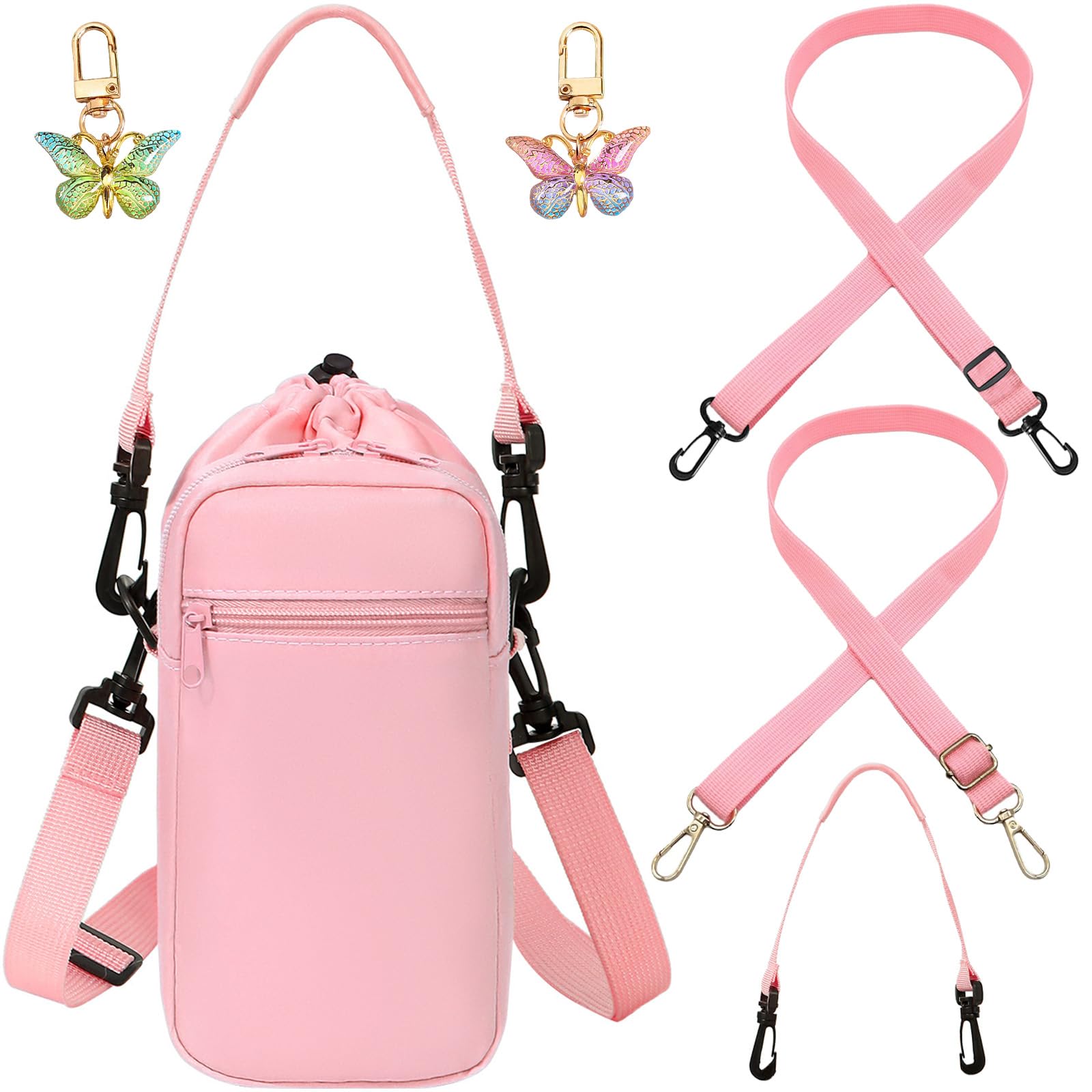 JYJLLM 4PCS Pink Insulated Water Bottle Carrier Set, Adjustable Shoulder Strap with Gold Buckle & 2 Butterfly Keychains for Travel Hydration