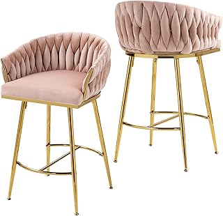 Kiztir Velvet Bar Stools Set of 2, Counter Height Bar Stools with Gold M...
