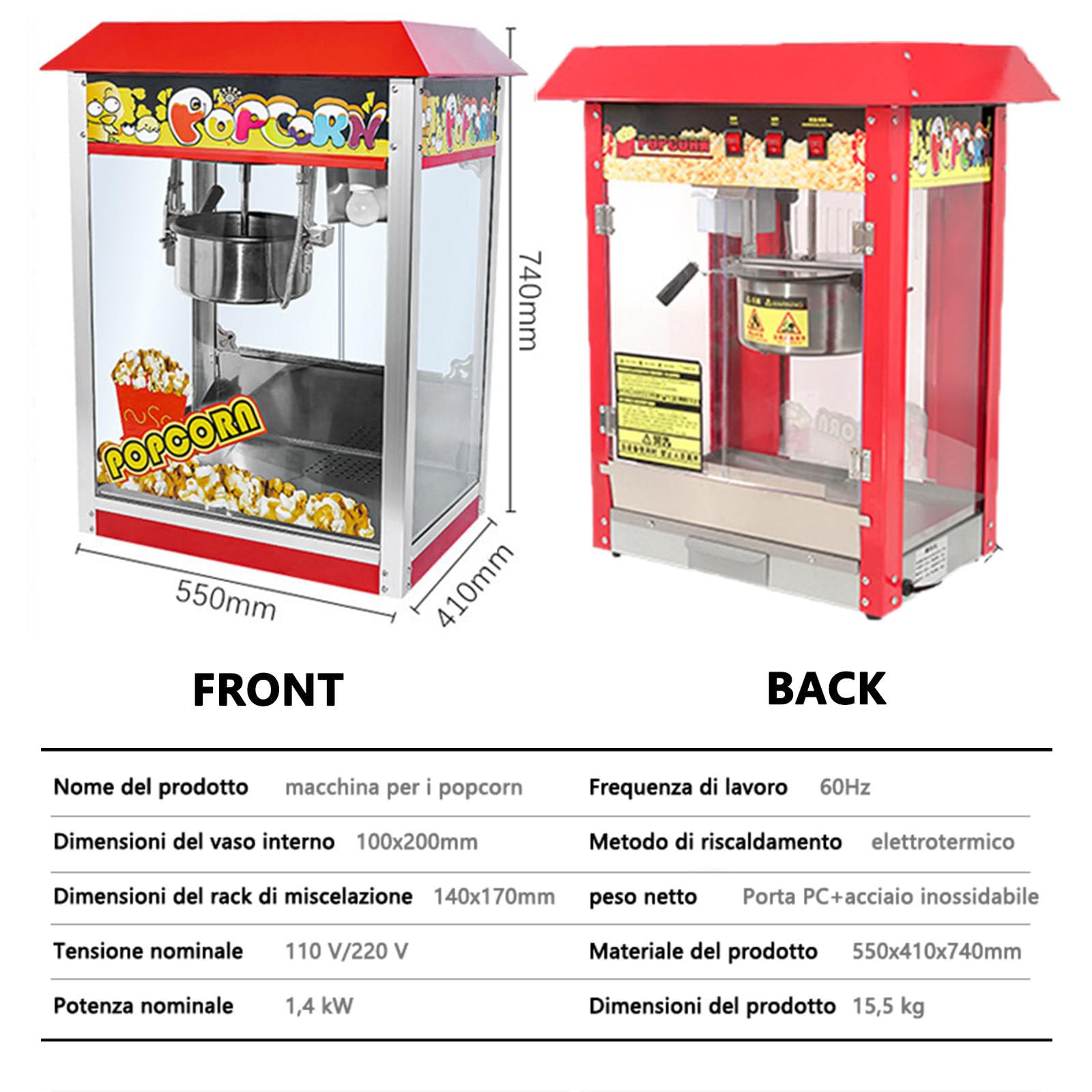 Palomitero,Máquina de Palomitas de maíz de sobremesa | Comercial Doméstico Cine（Tejadillo Rojo, Olla con Revestimiento de Teflón,10 oz,1400 W)