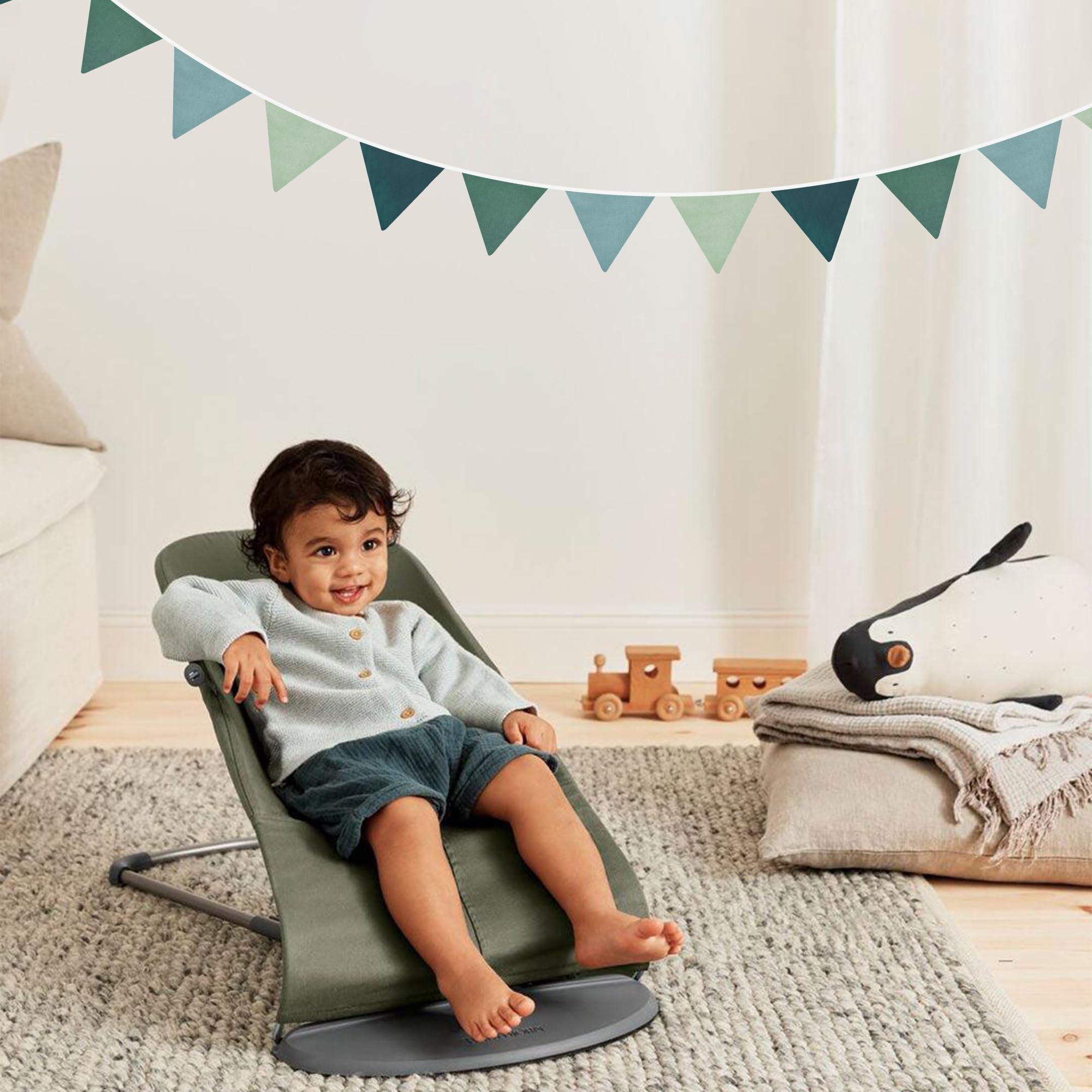 Wimpelkette mit Farbverlauf, dunkelgrün, 24 Stück, für Kinderzimmer, Girlande, Salbeigrün, Stoff, Leinen, Dreiecksschlangen für Babyzimmer, Dekoration, Kinder, Dschungel, Safari, Geburtstag,
