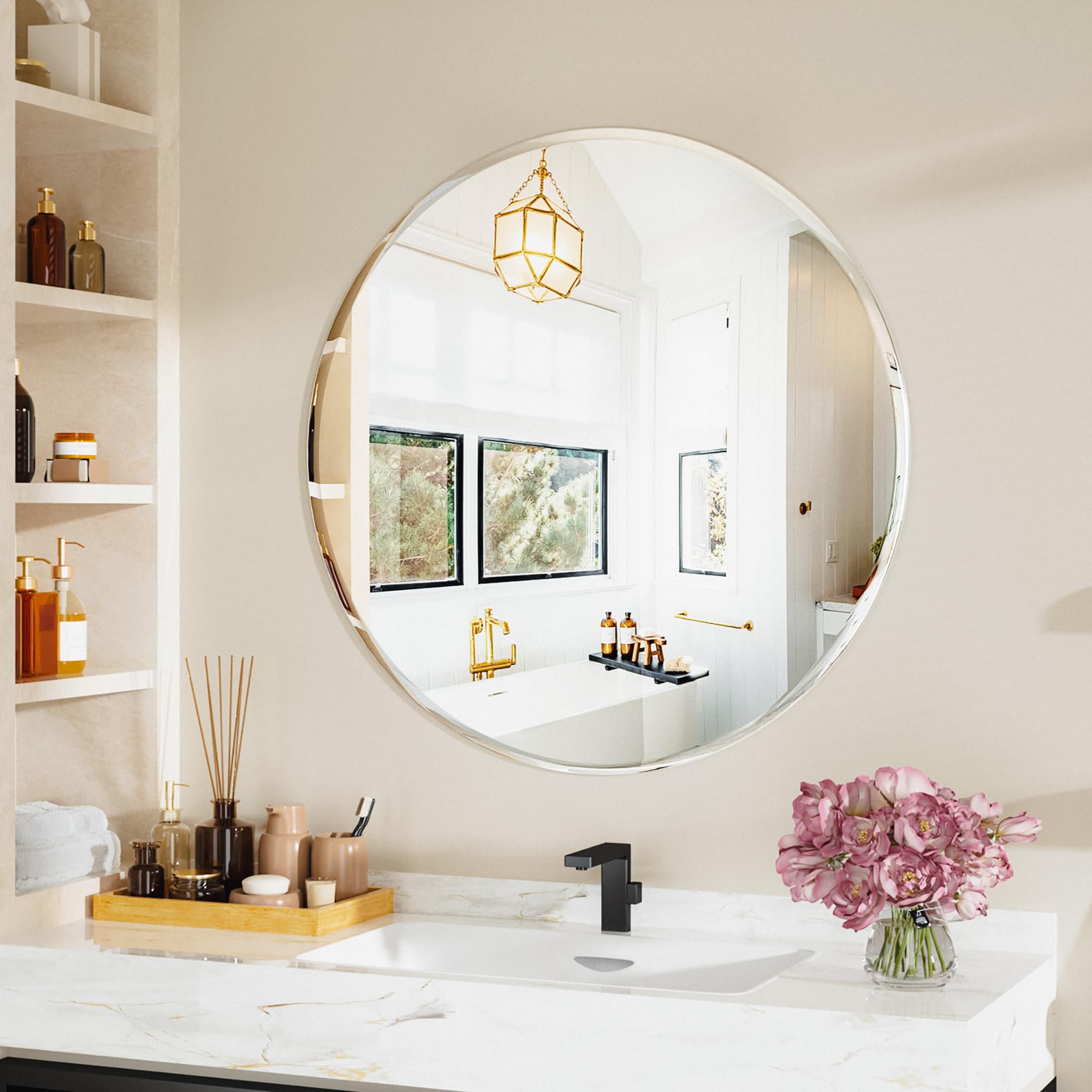 Antok Round Frameless Bathroom Mirror, 24 Inch Circle Mirror for Bathroom, Frameless Vanity Mirrors with Luxury Beveled Edge for Bedroom, Entryway, Living Room