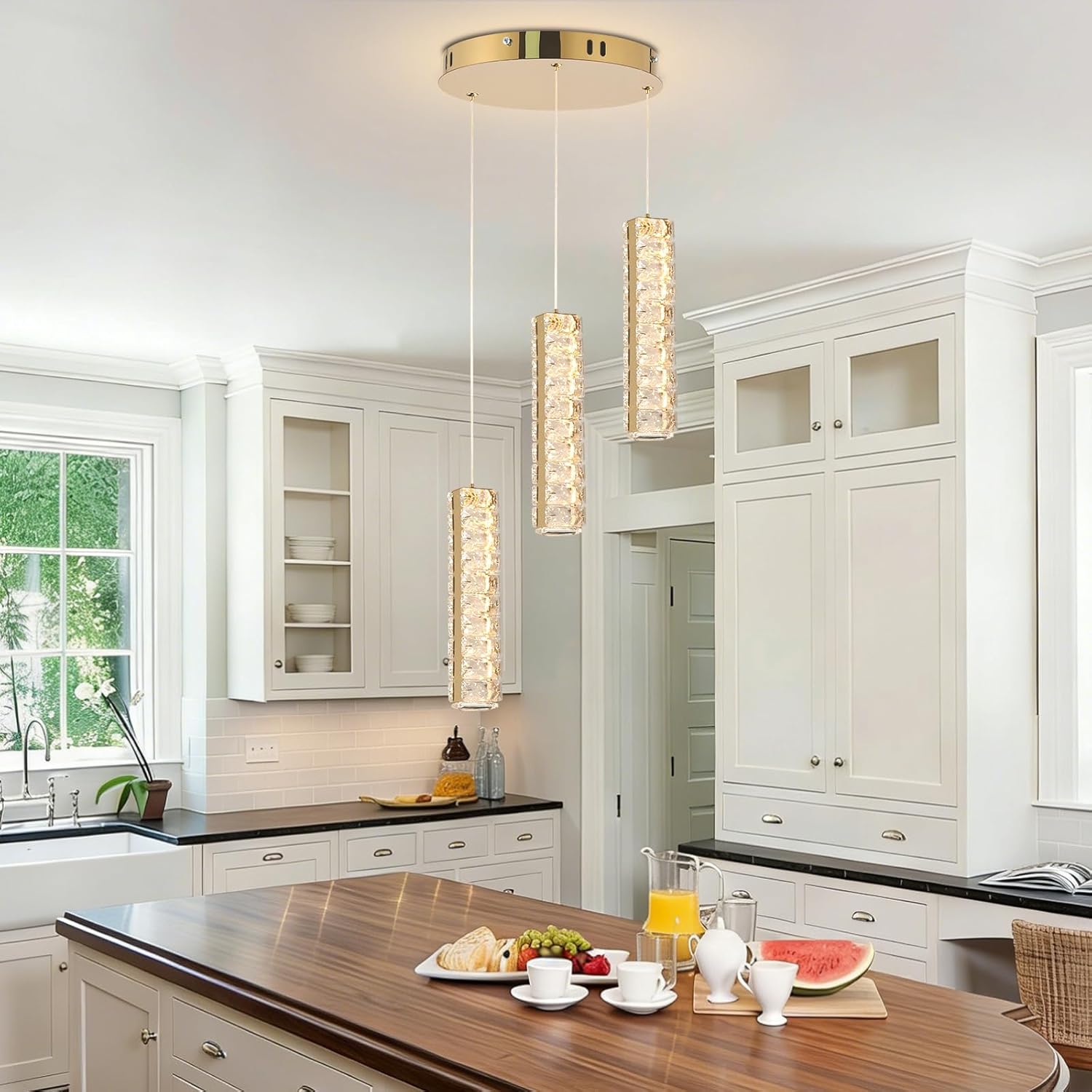 3 Light Crystal Chandelier, Remote Dimmable LED Pendant Light, 3000K-6000K, 20W, 85-265V, Ø250mm Ceiling Plate, Modern Raindrop Light for Dining Room Kitchen Island Hallway