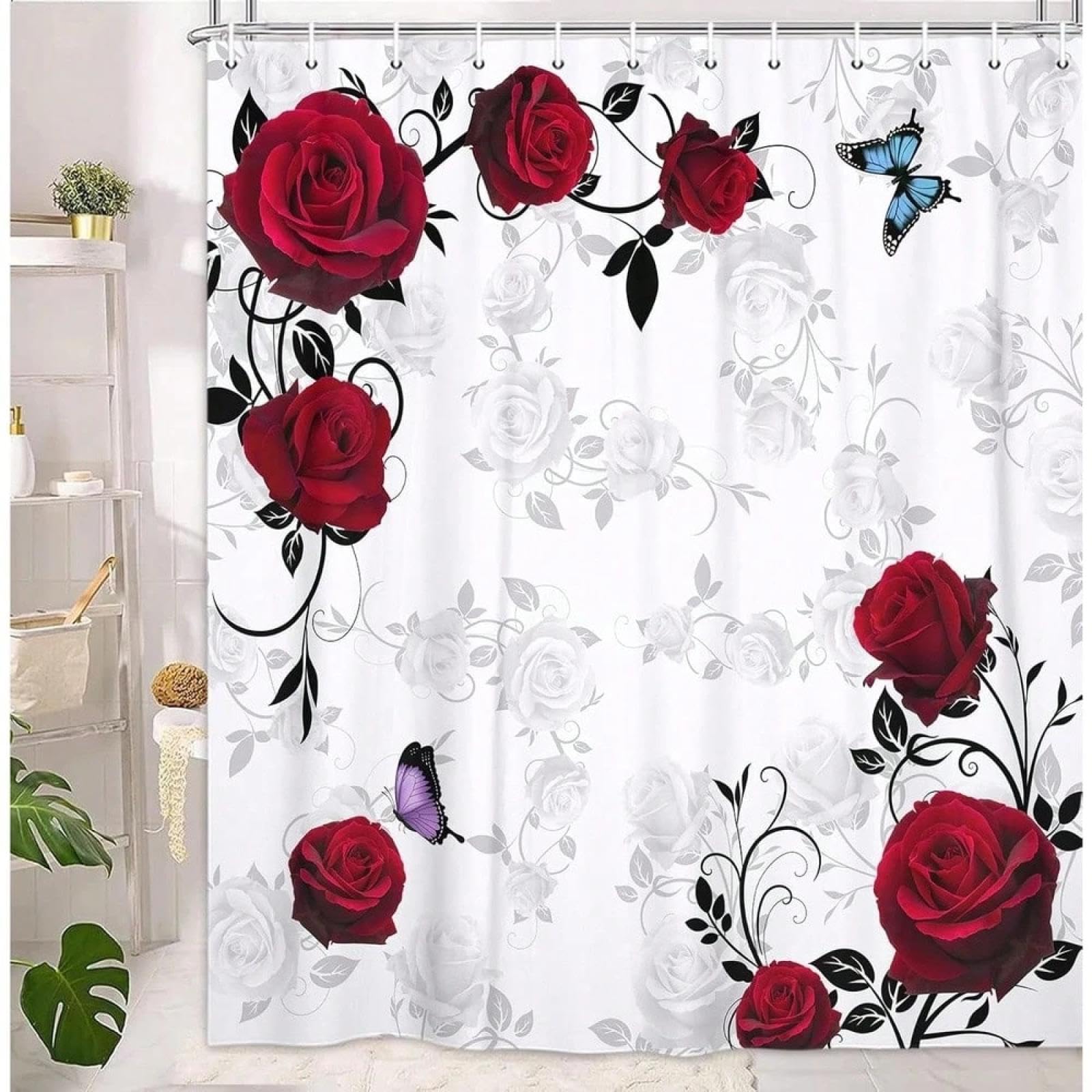 Rideau de douche rose motif papillon et rose rouge en tissu 80x120cm