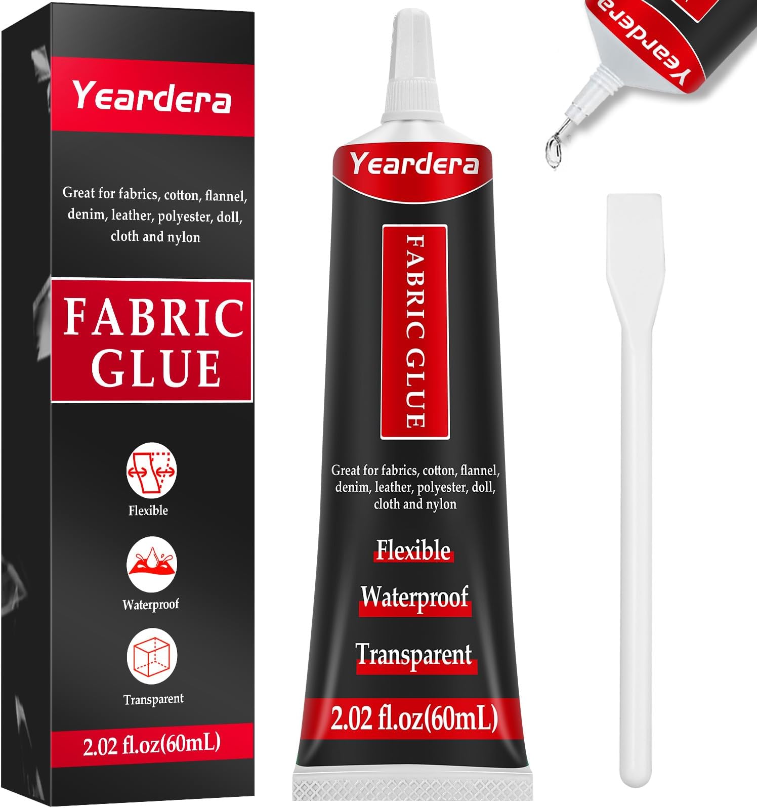 Yeardera Fabric Glue, Permanent, Clear, Washable Adhesive for Clothing, Patches, Leather, Cotton, Denim, Polyester, Flannel, and All Fabrics