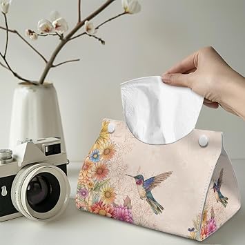 Boho Floral Leather Tissue Box Cover PU Decorative Hummingbird TissueHolder with Top Buckle Wipe Holder for Home, Car, Hotel, Office