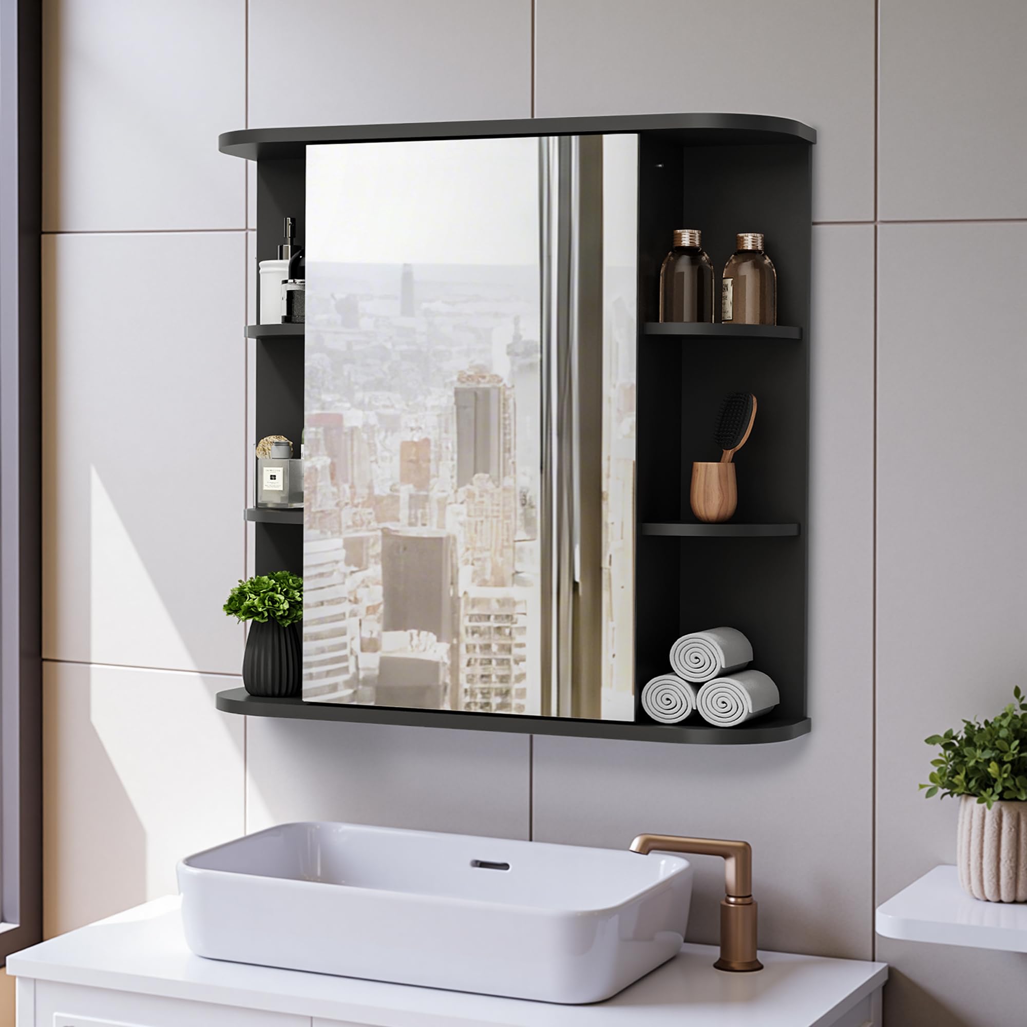Pamapic Armario con espejo de baño, armario de baño con espejo HD grande, armario de almacenamiento montado en la pared con estantes ajustables, unidad de almacenamiento para sala de estar, dormitorio