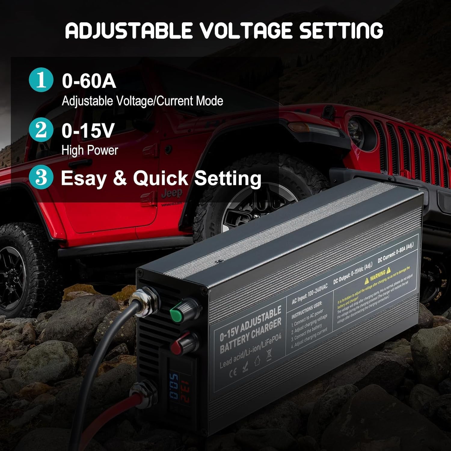 14.6V 60A Smart LiFePO4 Batterieladegerät, 0-15V/0-60A Einstellbar, Schnellladung 12V mit Erhaltungsladung für Auto, Motorrad, Boot, Marine Batterien