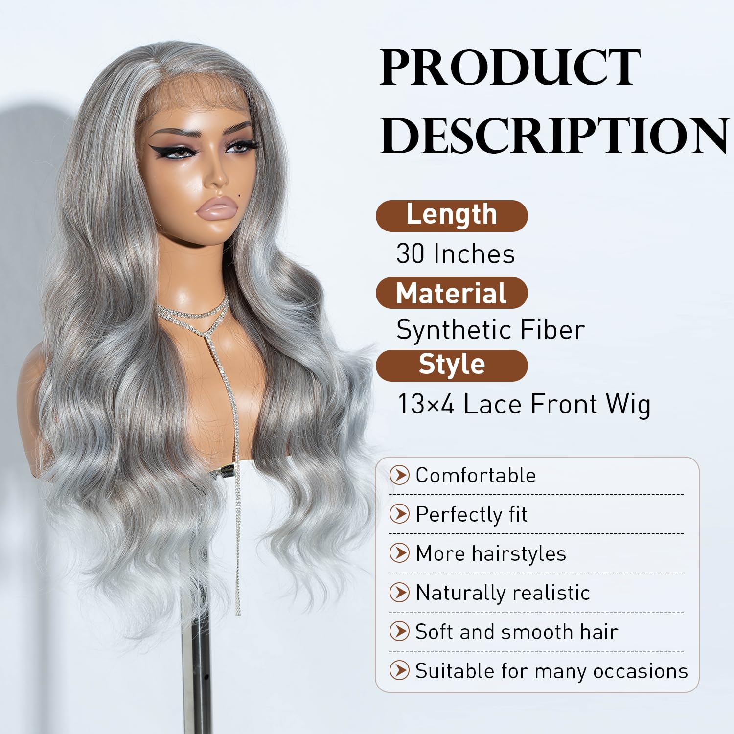 Joedir 13X4 Lace Front Wig Free Parting Lace Frontal Wigs With Baby Hair Pre Plucked Synthetic Wig Natural Looking Body Wave Wigs for Women 30 Inch Glueless Lace Front Wigs Grey - Image 2