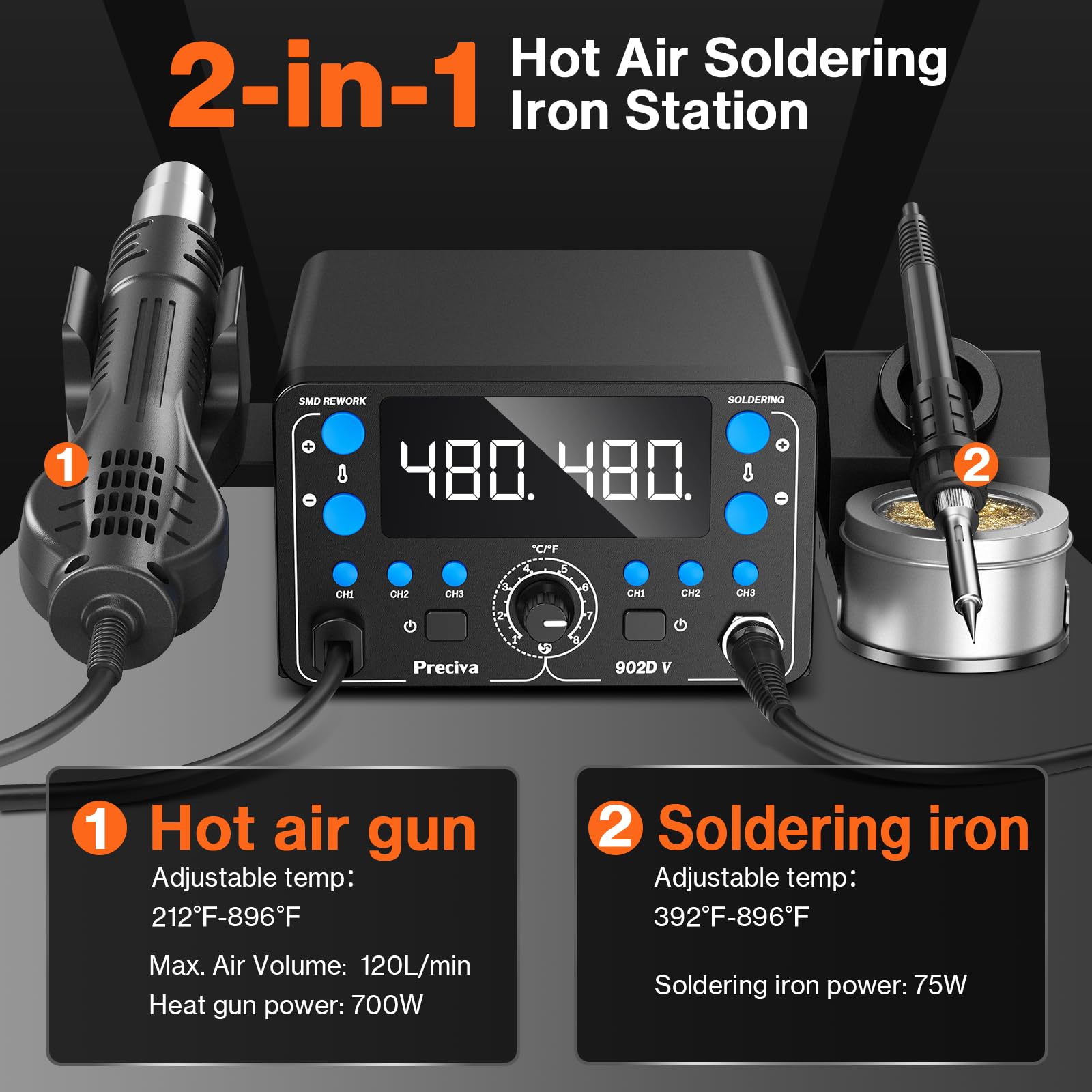 Preciva 902D V Estación de soldadura 2 en 1 SMD Estación de retrabajo de aire caliente con LED, preajustes de memoria, sueño, calibración, °C/ºF | Incluye soldador, pistola de aire caliente, 5 puntas