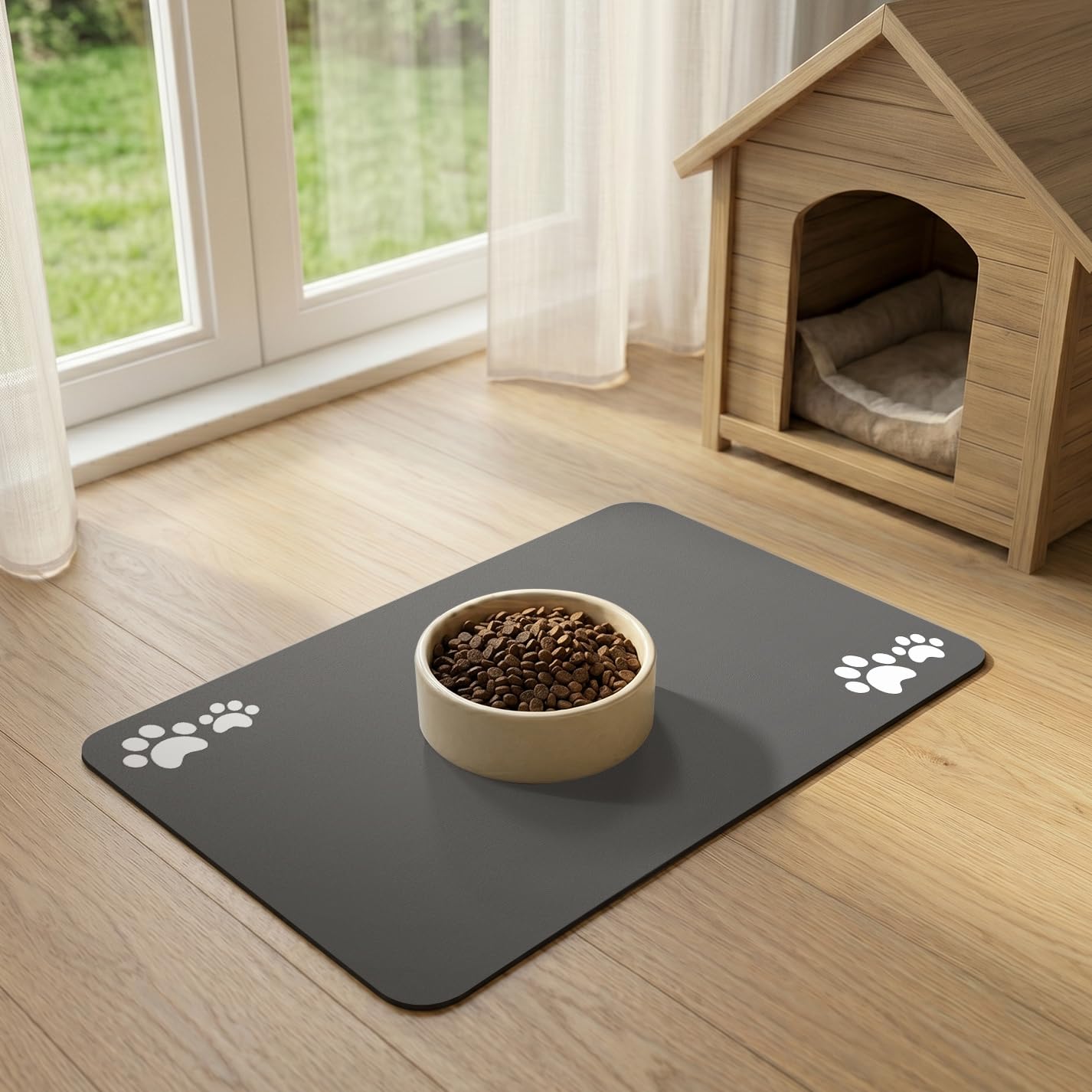 Pet Feeding Mat, Absorbent Dog Bowl Mat Cat Food Mat, Quick Dry No Slip Pet Placemat for Food and Water Bowl, No Stains Dog Cat Food Mat Rubber Backing (Dark Grey, 60x90cm)