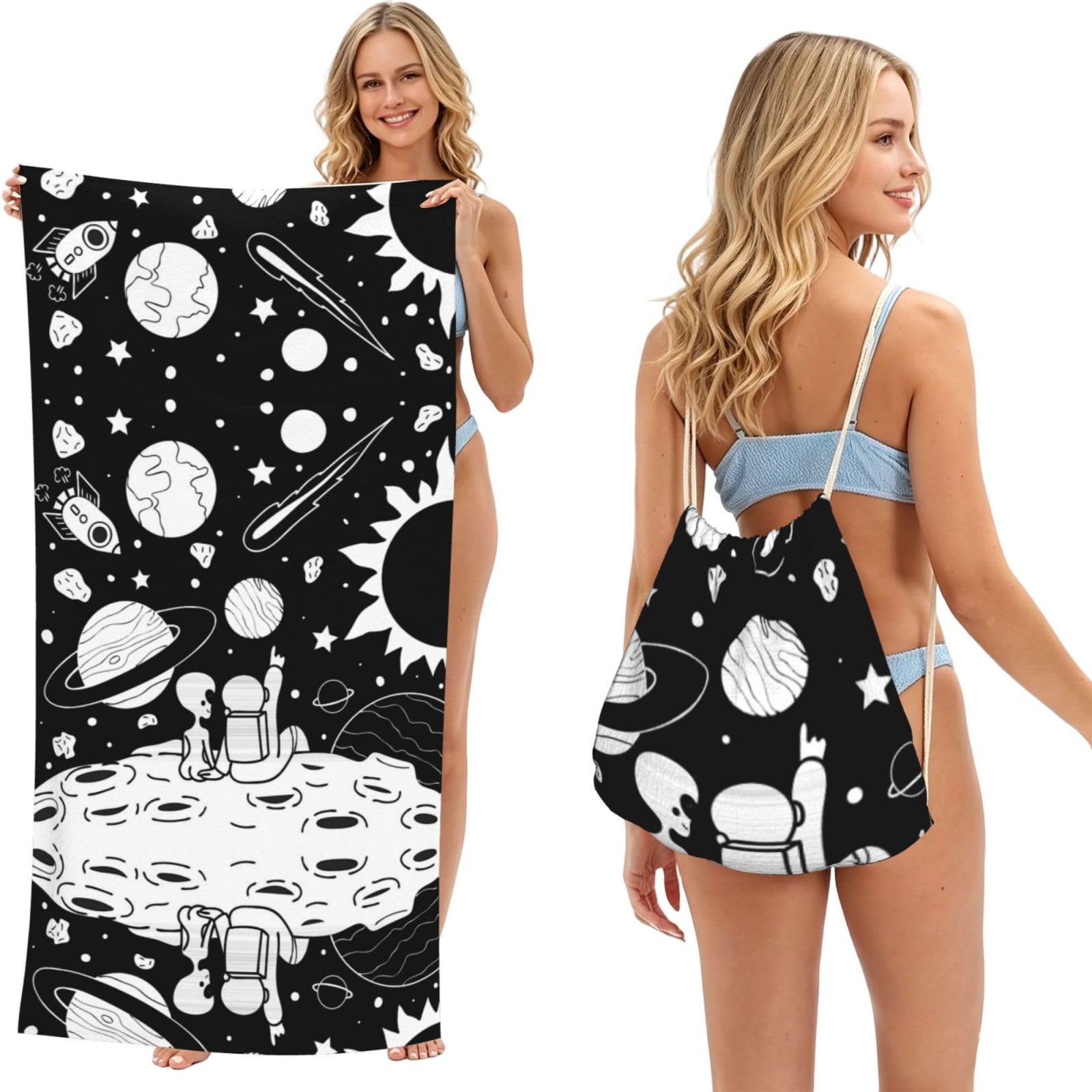 SATUSA Astronaut Print 2-In-1 Foldable Beach Towel Backpack â€“ Camping, Yoga And Travel,Bath Towel With Built-In Storage, Convertible Beach Mat & Carry Bag