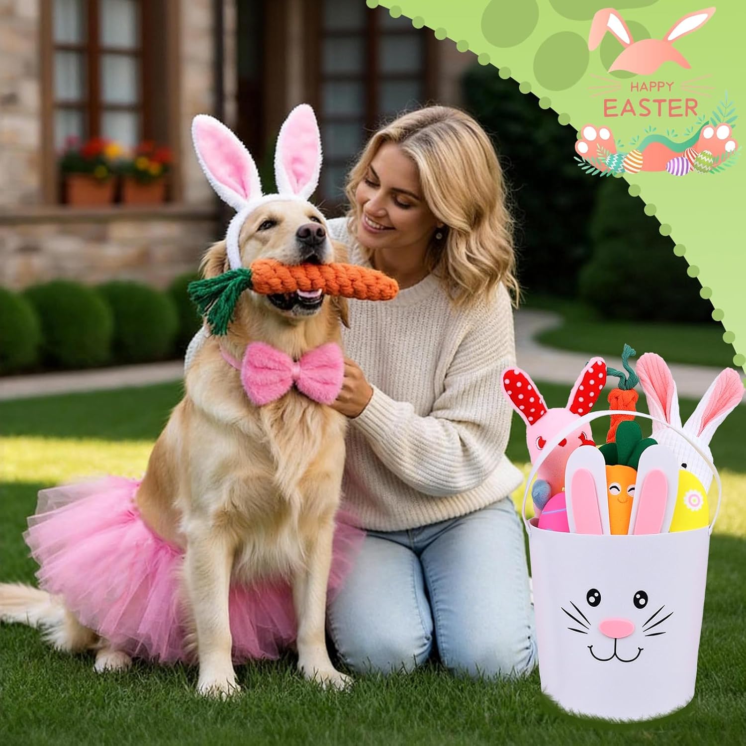 12 Pcs Easter Dog Toys Basket Set Include Dog Squeaky Toy Bunny Costume Plush Easter Eggs Bunny Carrot Shape Stuffed Toy Interactive Chew Toys Easter Gifts for Puppy Small Medium Dogs