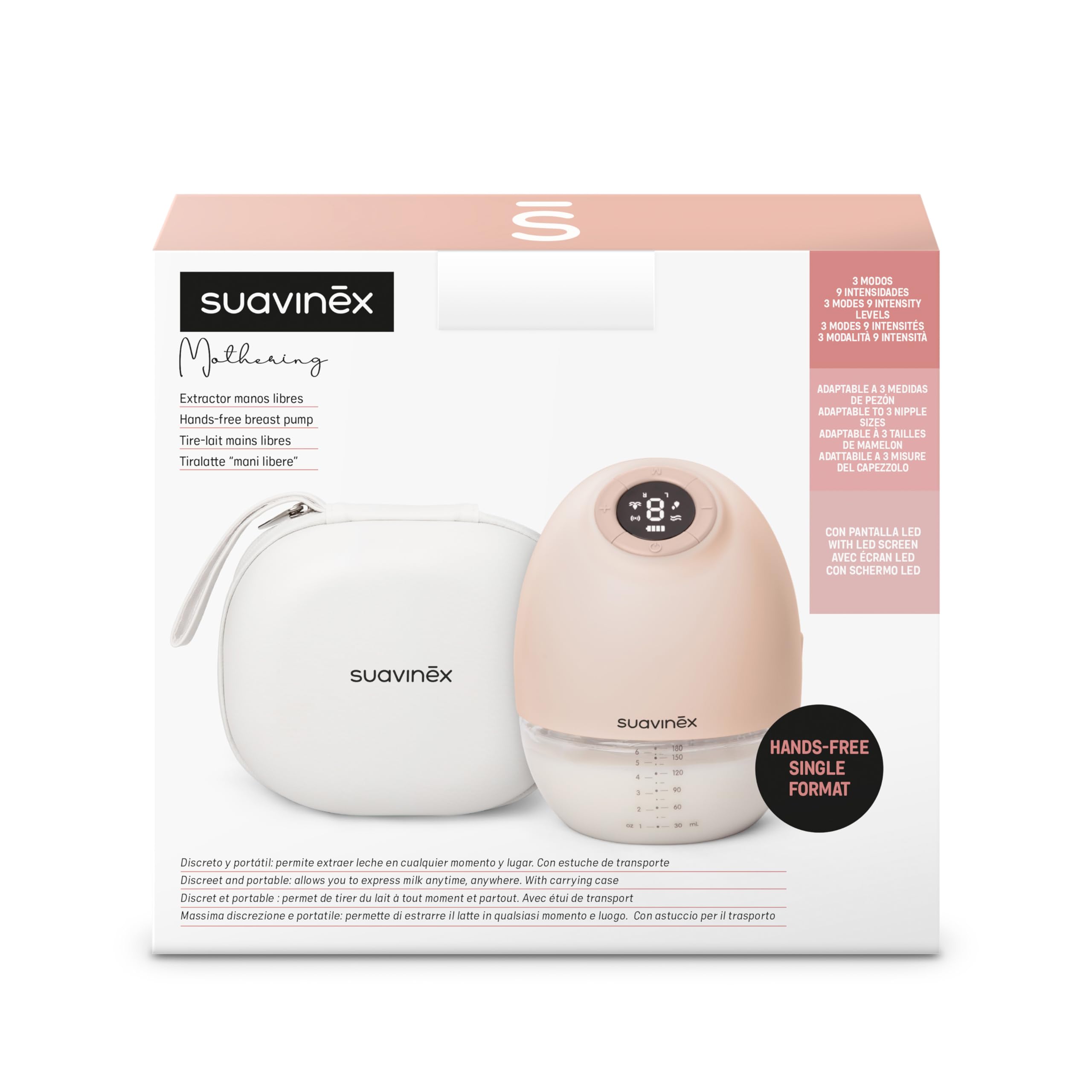 Suavinex, Extractor Leche Materna, Sacaleches Manos Libres, Sin Cables, Sin Tubos, con Batería, 3 Modos y 9 Intensidades de Succión, con Adaptadores, Estuche y Cepillo, Pantalla Led, Depósito 180 ml