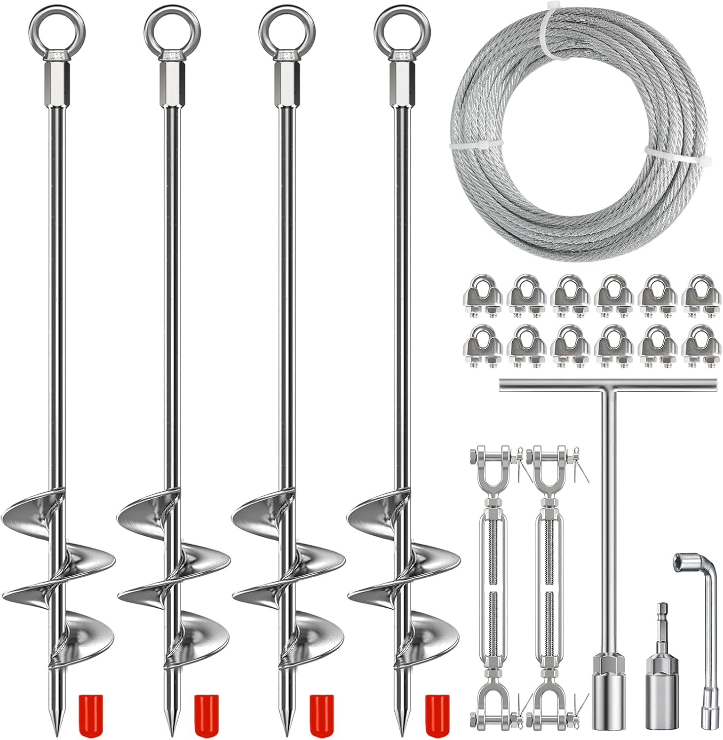 4 Pack 30" Ground Anchors Heavy Duty 12mm Solid Steel, Shed Anchors to Ground Kit with 3/16" Stainless Steel Cable & Turnbuckle, Earth Anchors for Shed, Gazebo, Trampoline, Swingset, Carport