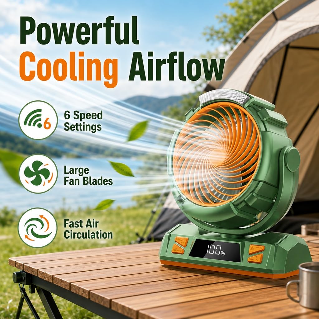 Ventilatore Da Campeggio Con Batteria Da 40000 MAh, 6 Velocità, Luce LED
